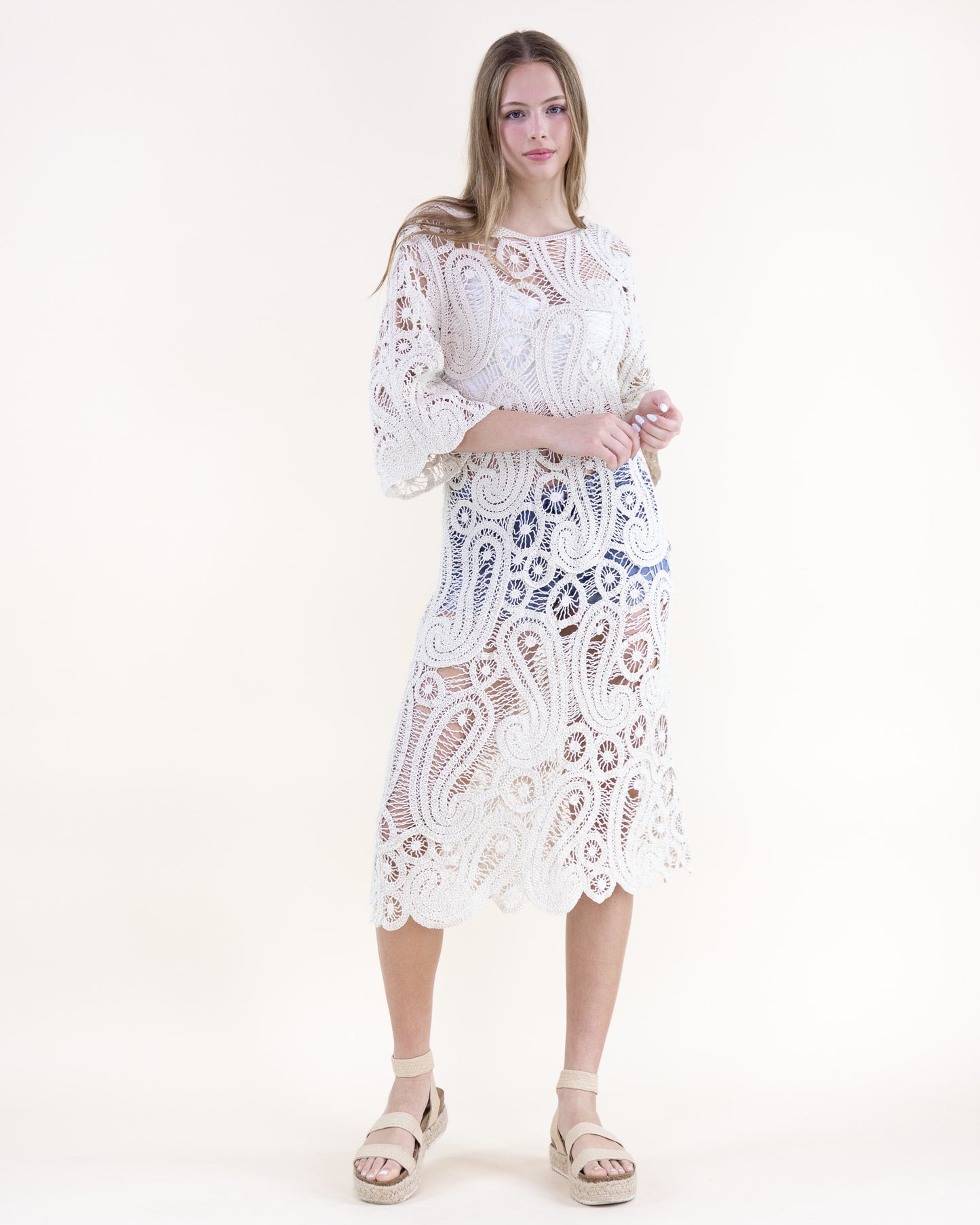 Cotton Boho Paisley Boat Neck Crochet Midi Dress