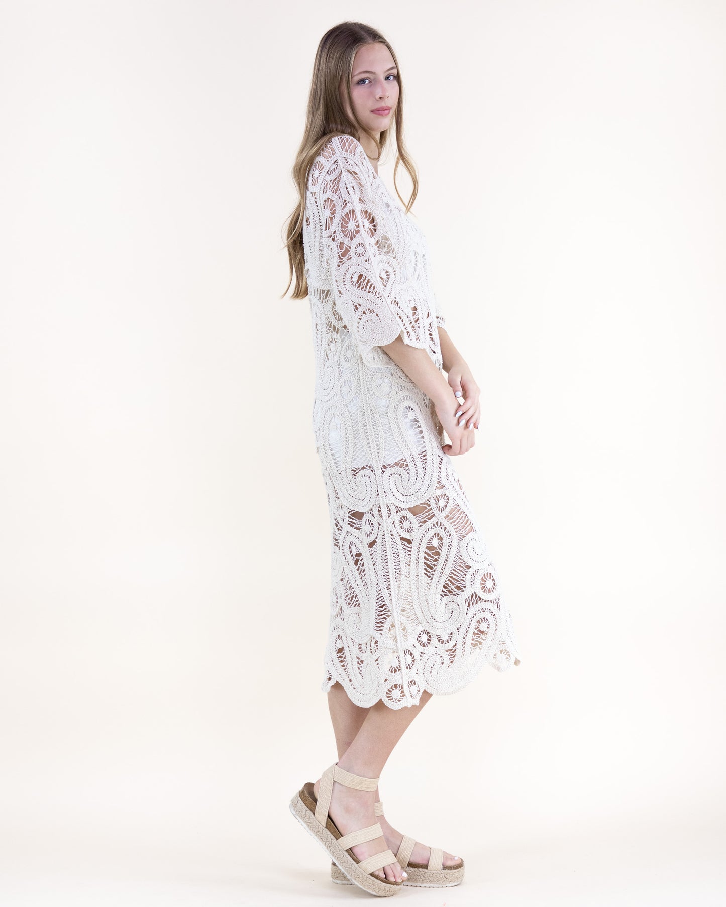 Cotton Boho Paisley Boat Neck Crochet Midi Dress