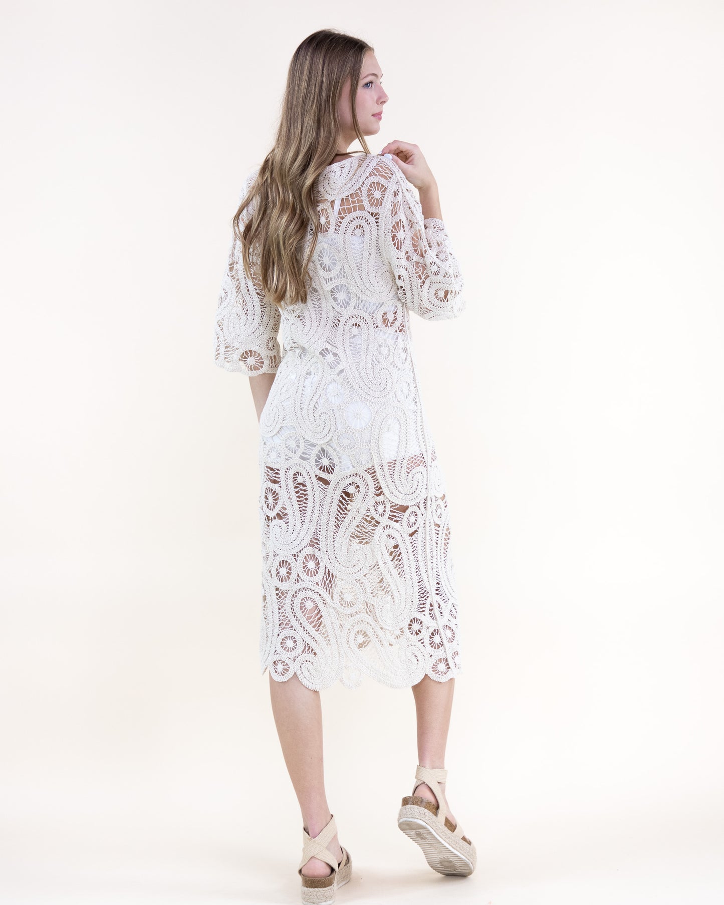 Cotton Boho Paisley Boat Neck Crochet Midi Dress