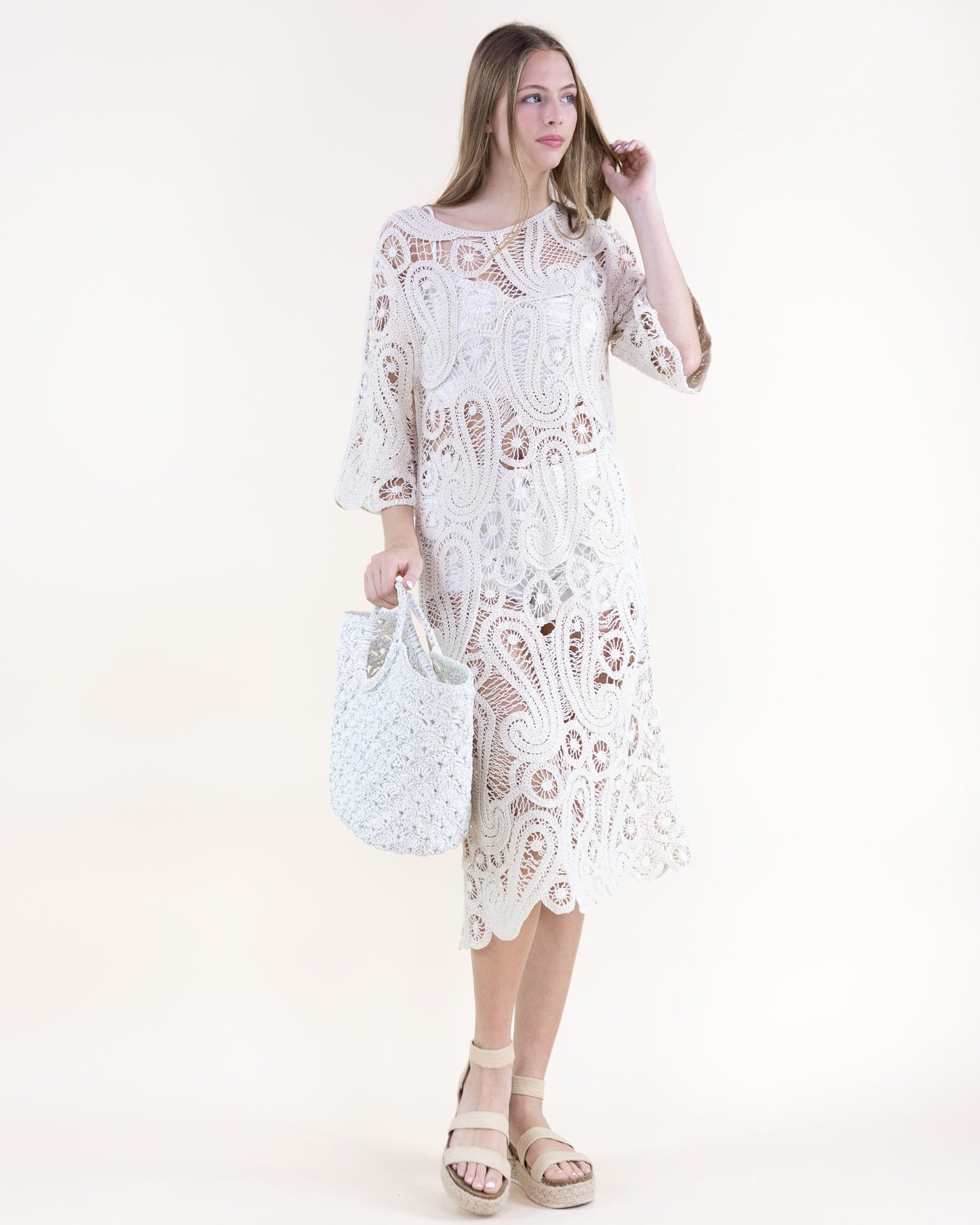 Cotton Boho Paisley Boat Neck Crochet Midi Dress
