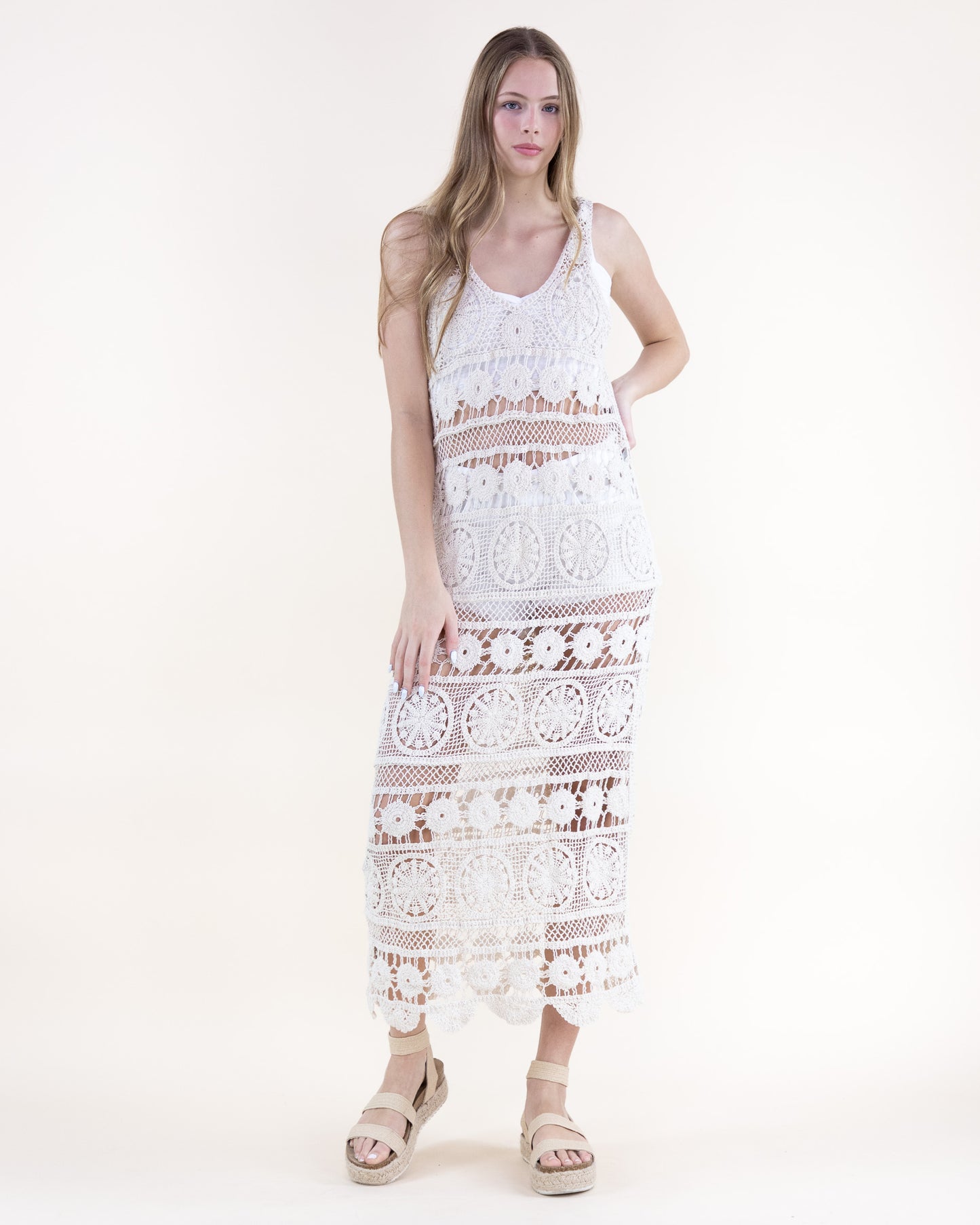 Cotton Bohemian Medalion Stripes Crochet Maxi Dress