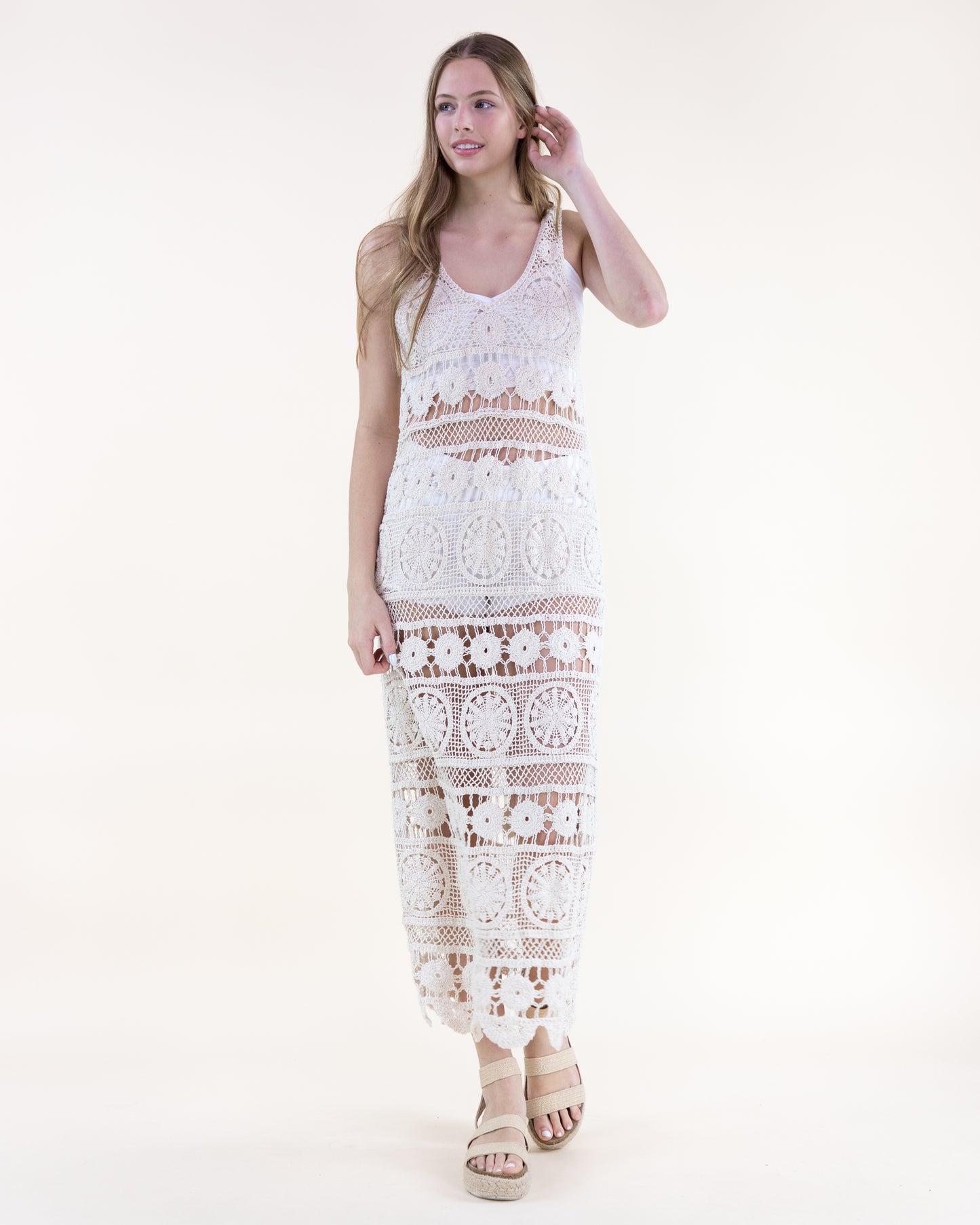 Cotton Bohemian Medalion Stripes Crochet Maxi Dress
