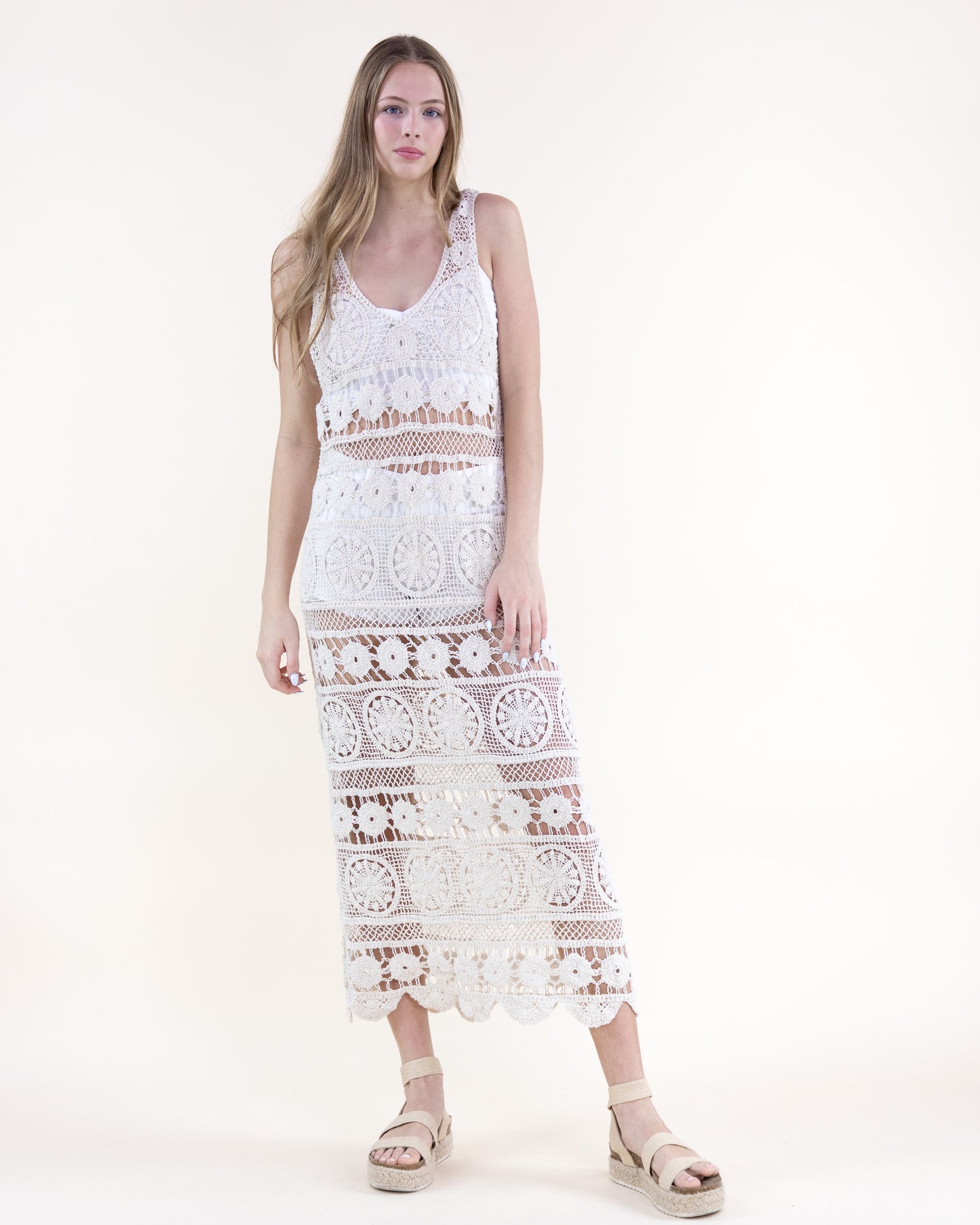 Cotton Bohemian Medalion Stripes Crochet Maxi Dress
