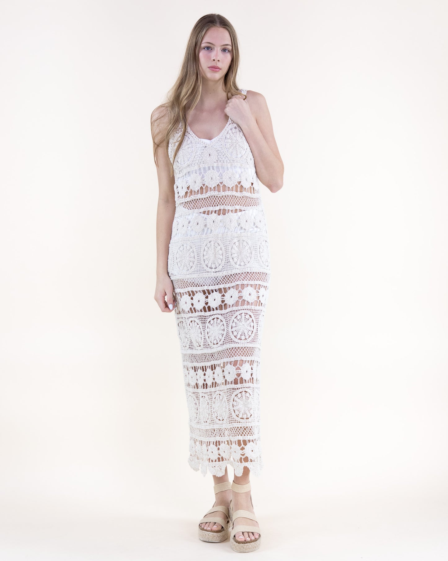Cotton Bohemian Medalion Stripes Crochet Maxi Dress