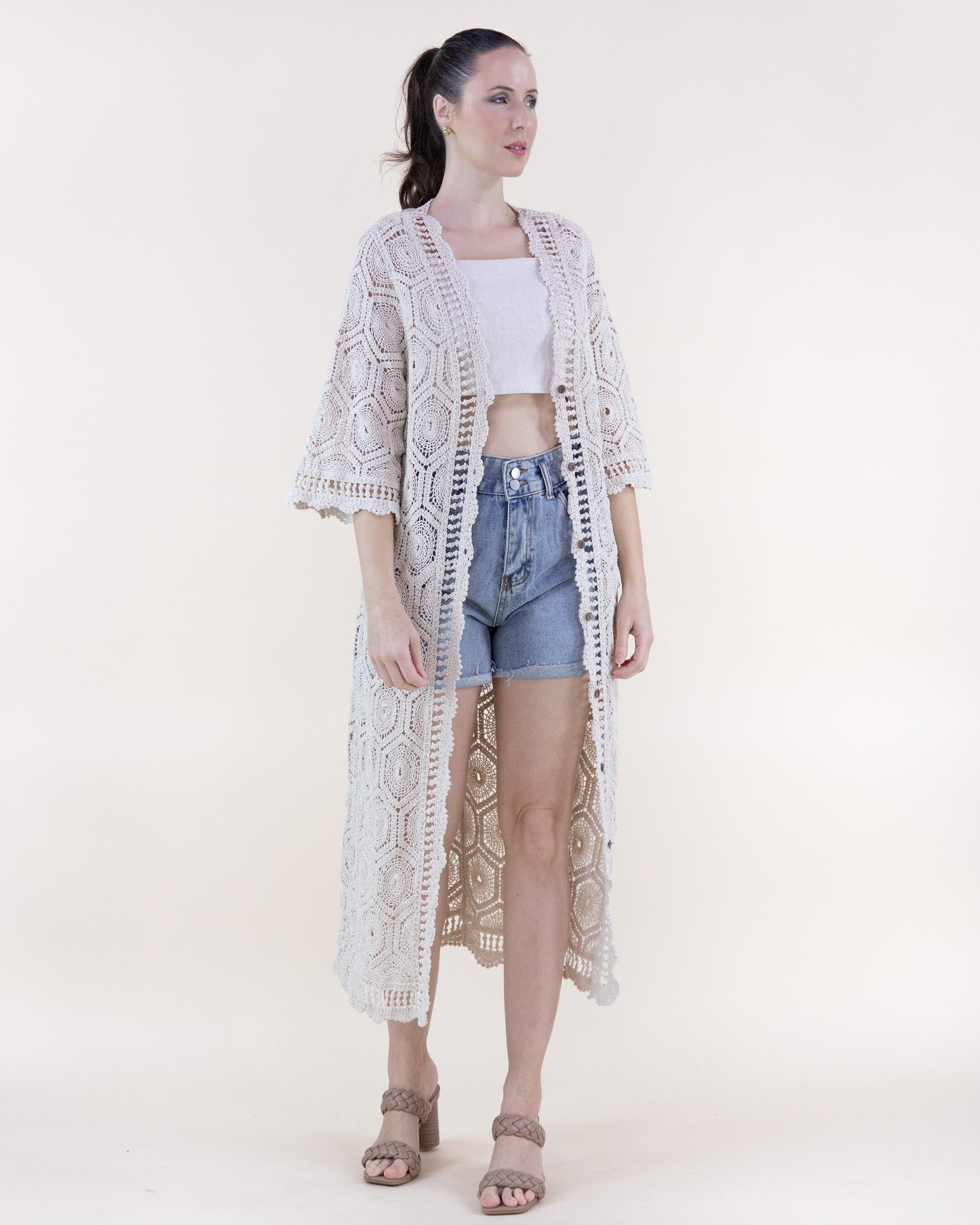 Cotton Hexie Sunburst Crochet Button Front Maxi Robe