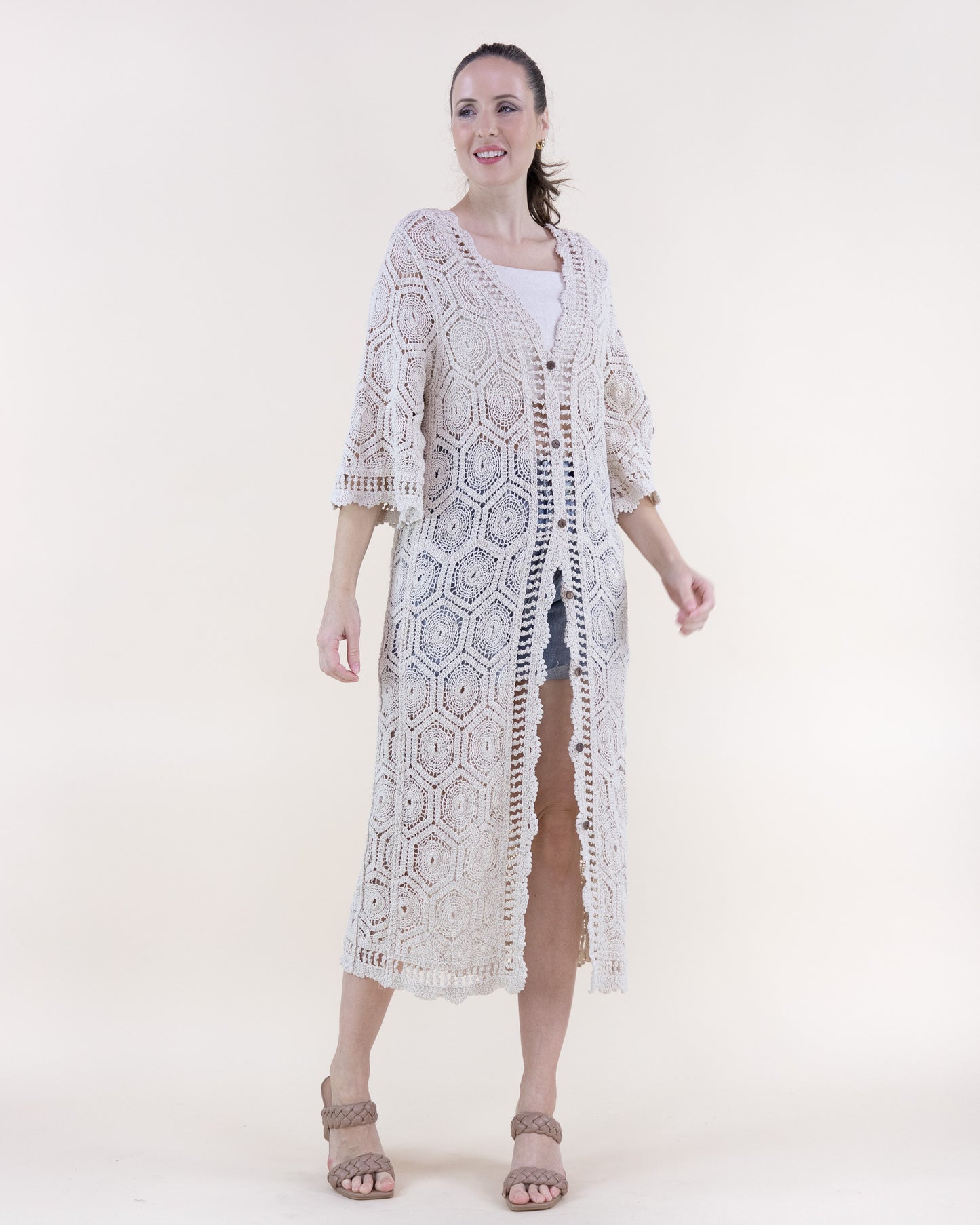 Cotton Hexie Sunburst Crochet Button Front Maxi Robe