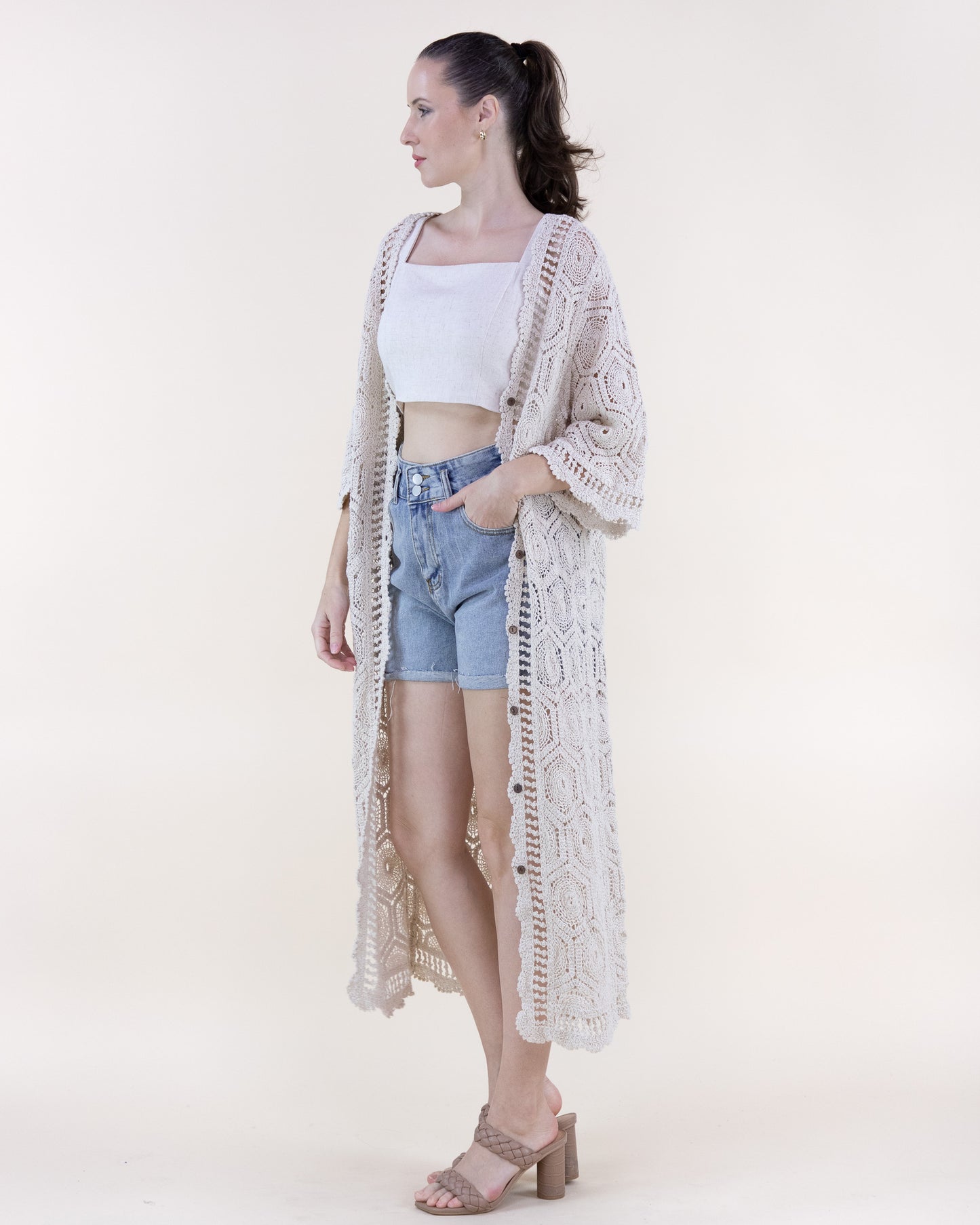 Cotton Hexie Sunburst Crochet Button Front Maxi Robe