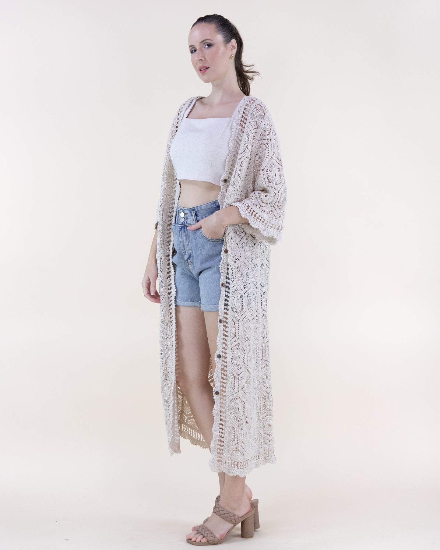 Cotton Hexie Sunburst Crochet Button Front Maxi Robe