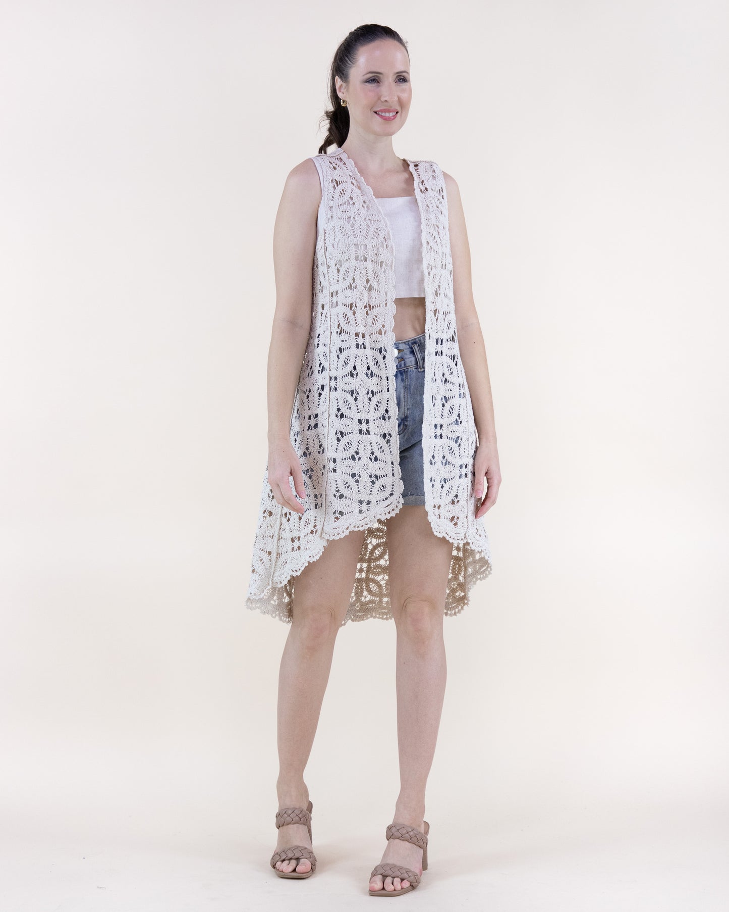 Cotton Floral Crochet High Low Open Front Vest