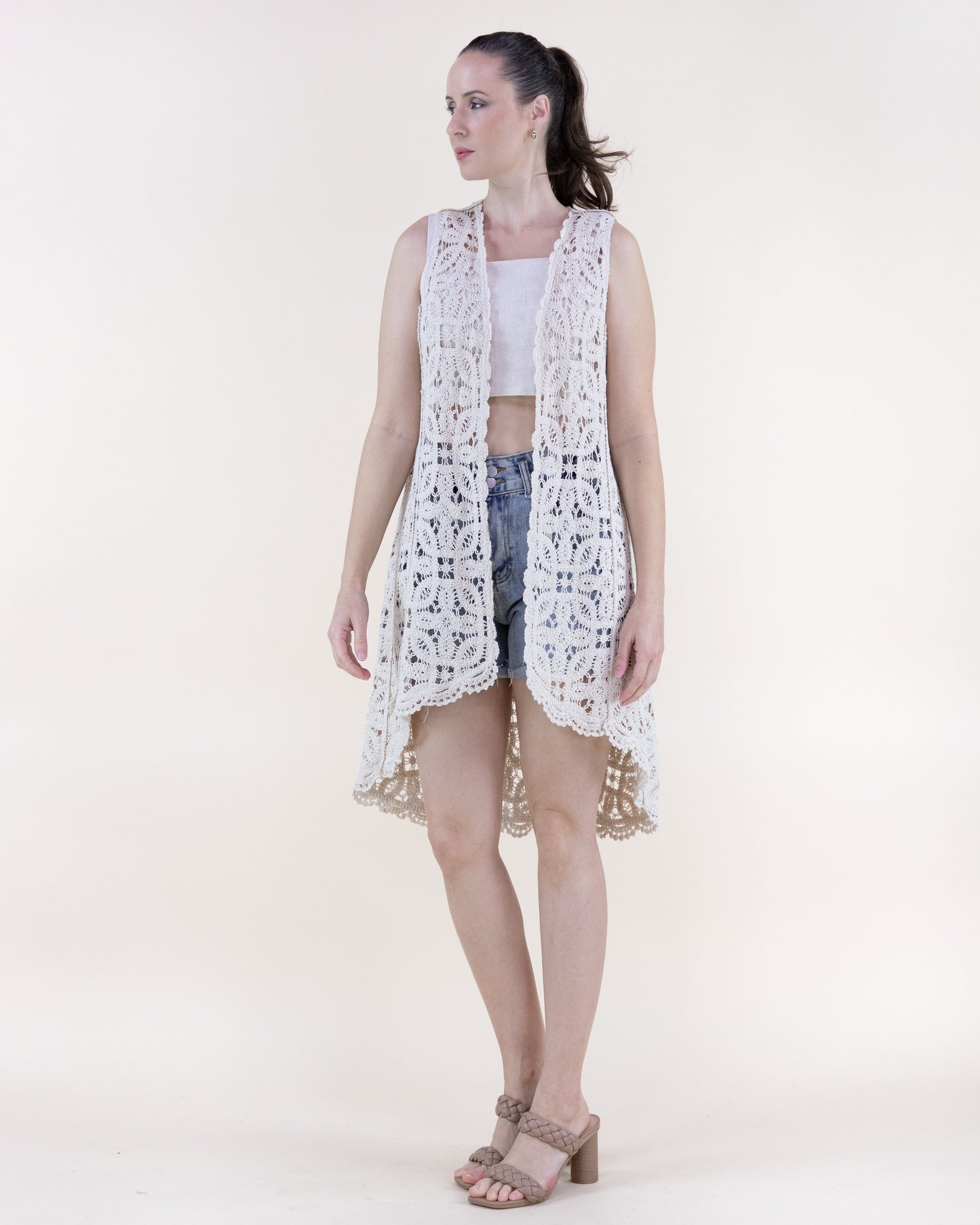 Cotton Floral Crochet High Low Open Front Vest