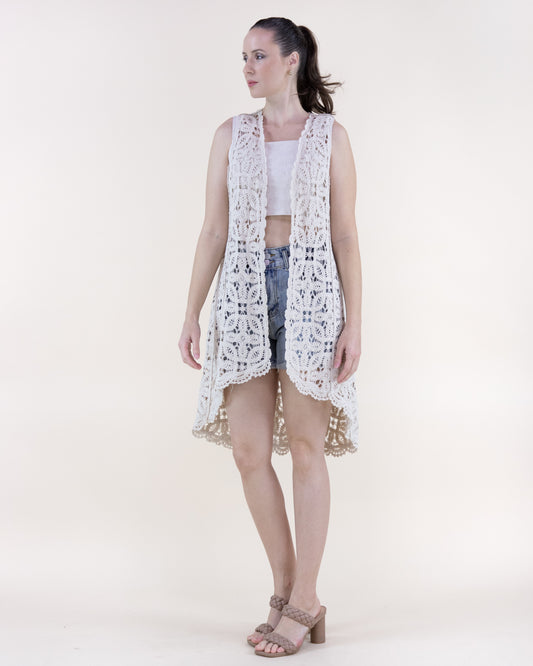 Cotton Floral Crochet High Low Open Front Vest