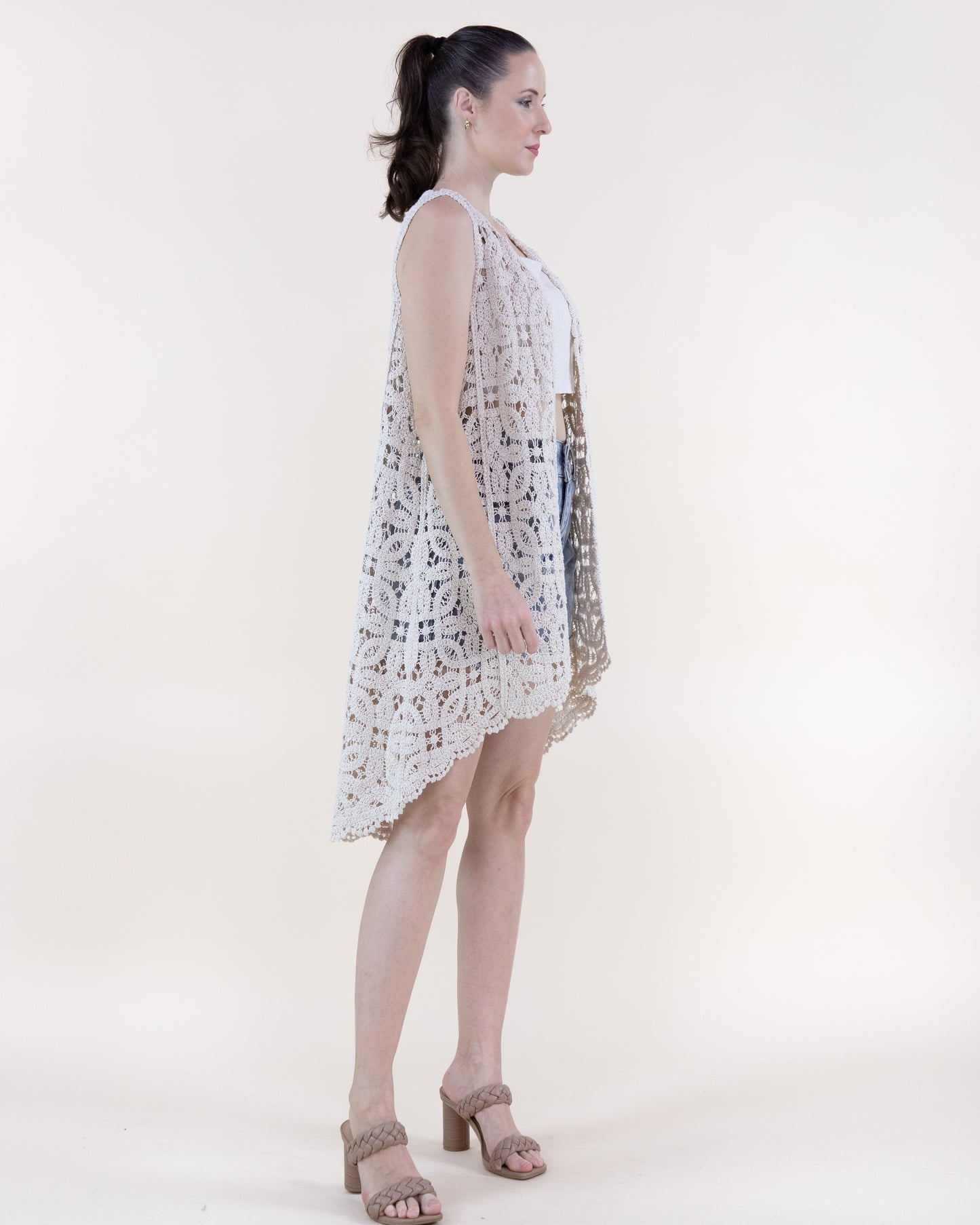 Cotton Floral Crochet High Low Open Front Vest