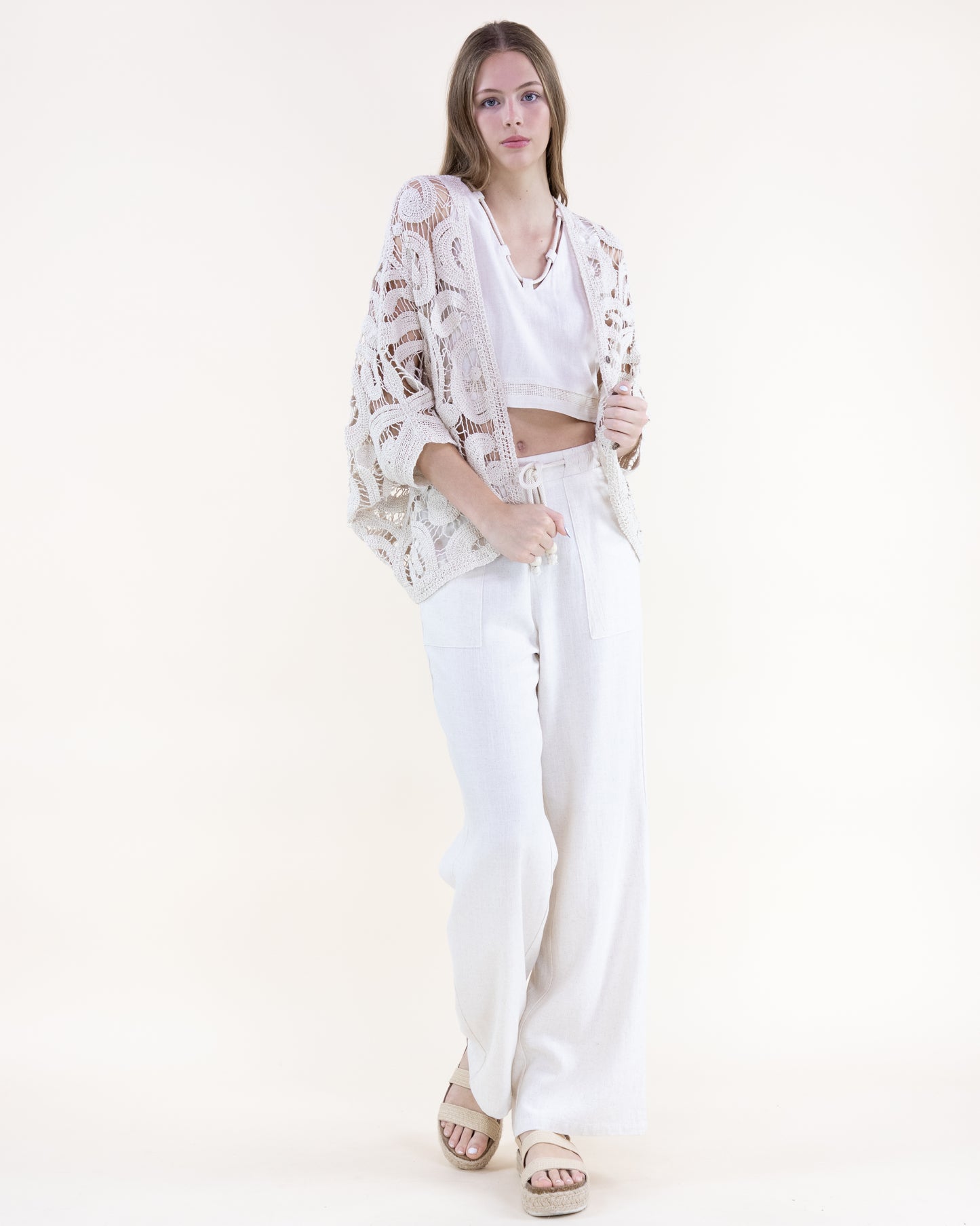Cotton Swirl Crochet Open Stitch Bat Wing Cardigan