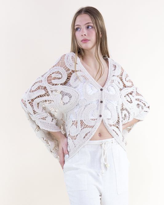 Cotton Swirl Crochet Open Stitch Bat Wing Cardigan