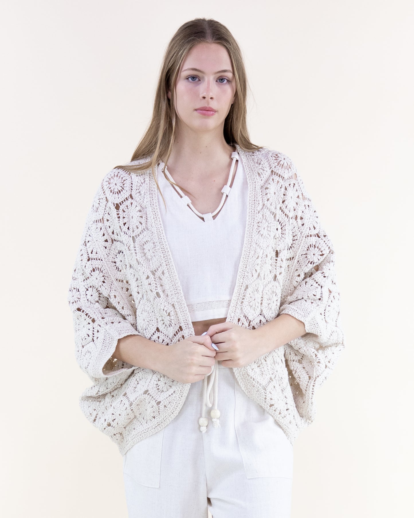 Cotton Coral Stone Crochet Open Front Bat Wing Cardigan