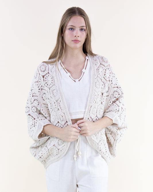 Cotton Coral Stone Crochet Open Front Bat Wing Cardigan