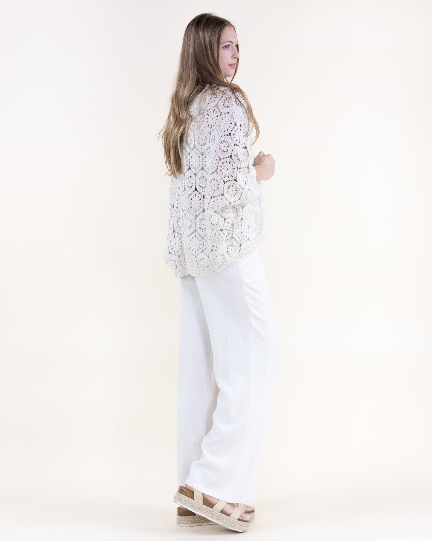 Cotton Coral Stone Crochet Open Front Bat Wing Cardigan