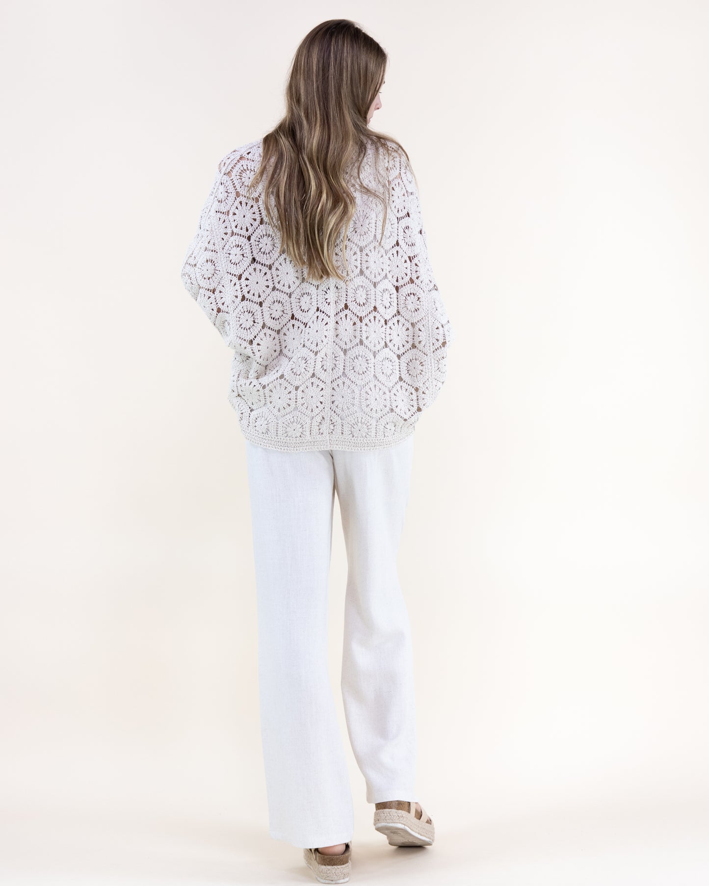Cotton Coral Stone Crochet Open Front Bat Wing Cardigan
