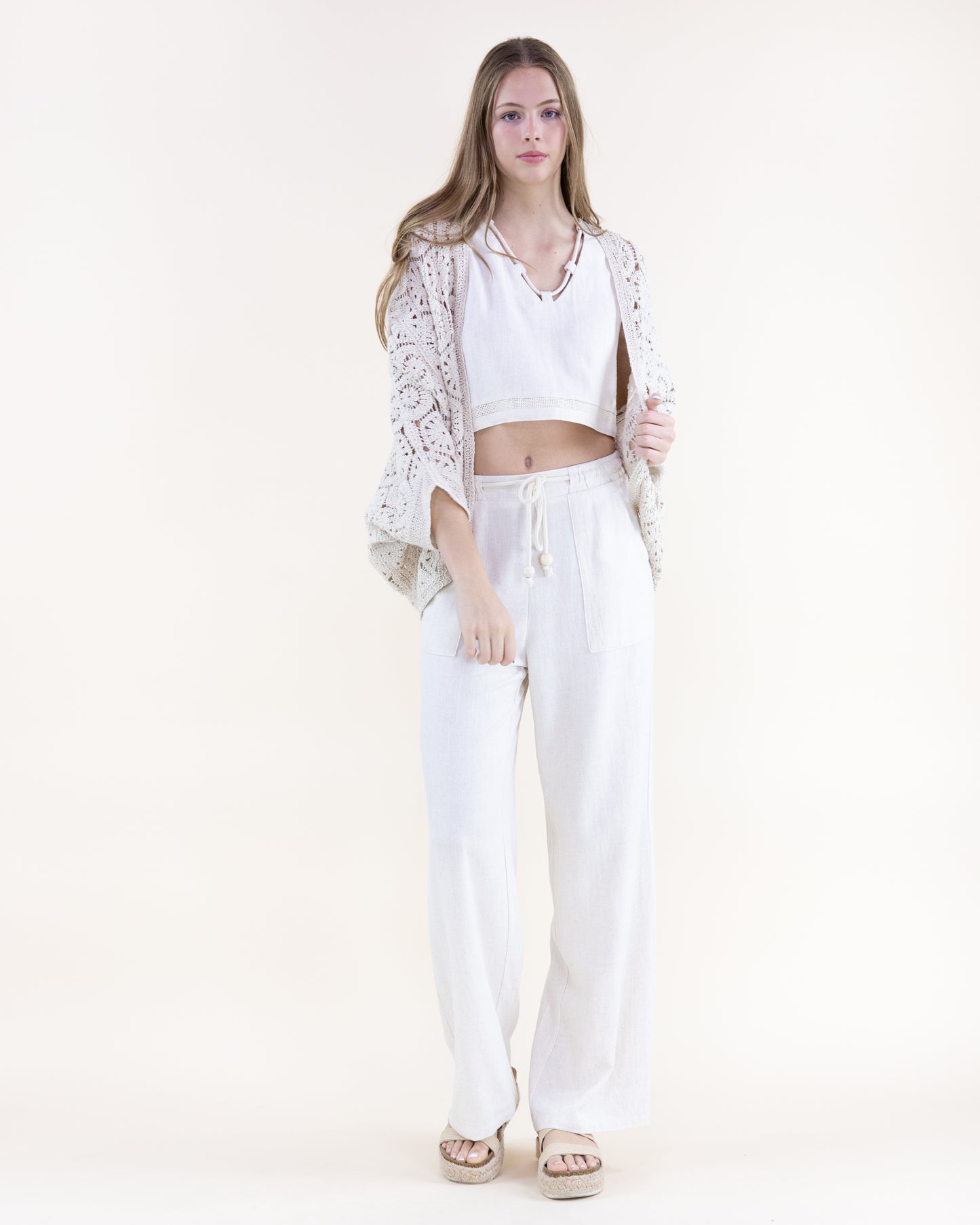 Cotton Coral Stone Crochet Open Front Bat Wing Cardigan