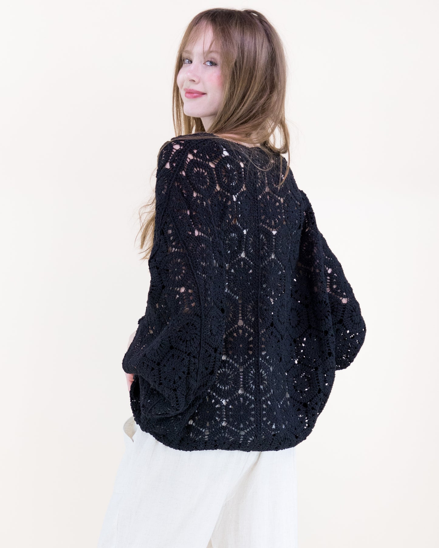 Cotton Coral Stone Crochet Open Front Bat Wing Cardigan