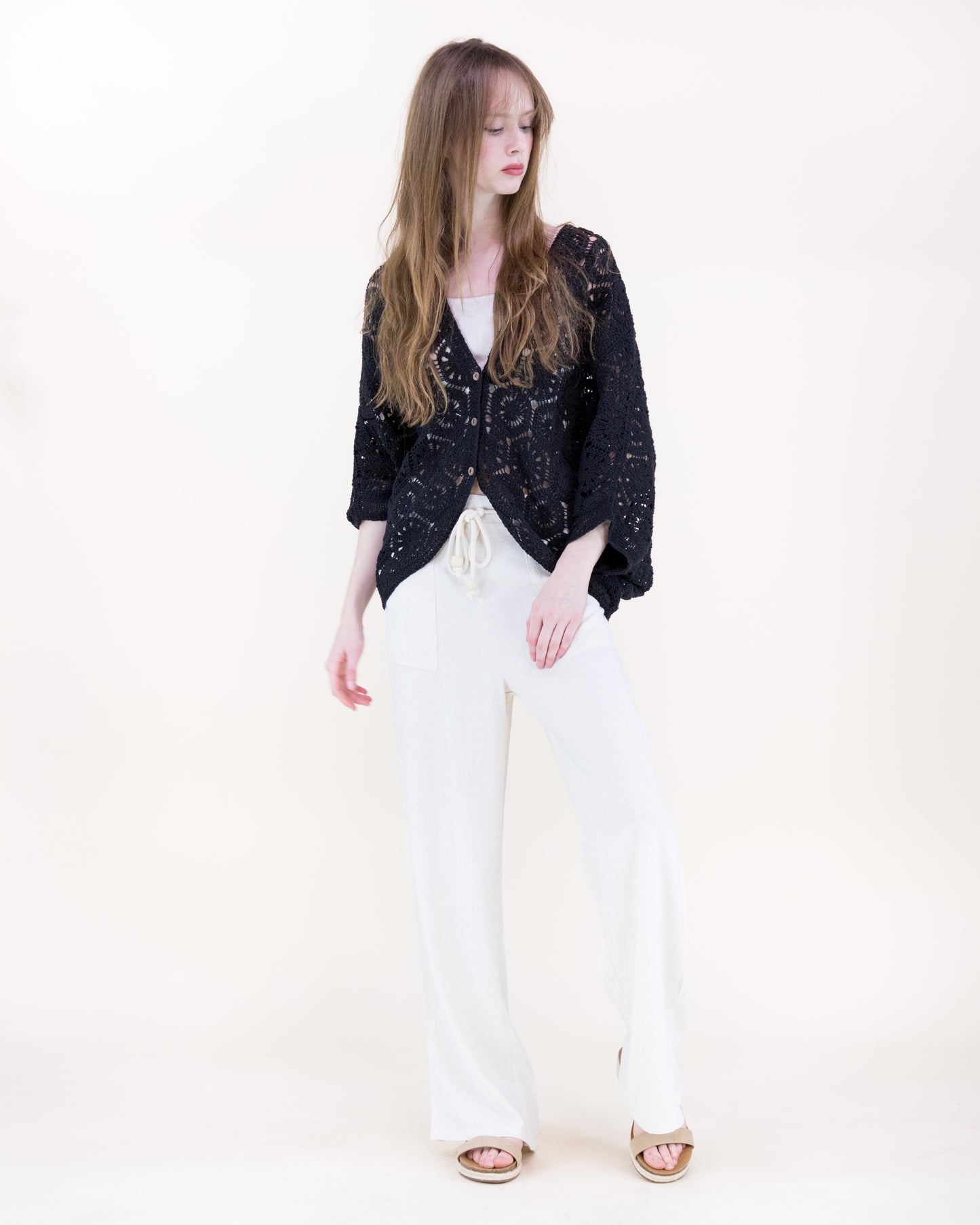 Cotton Coral Stone Crochet Open Front Bat Wing Cardigan