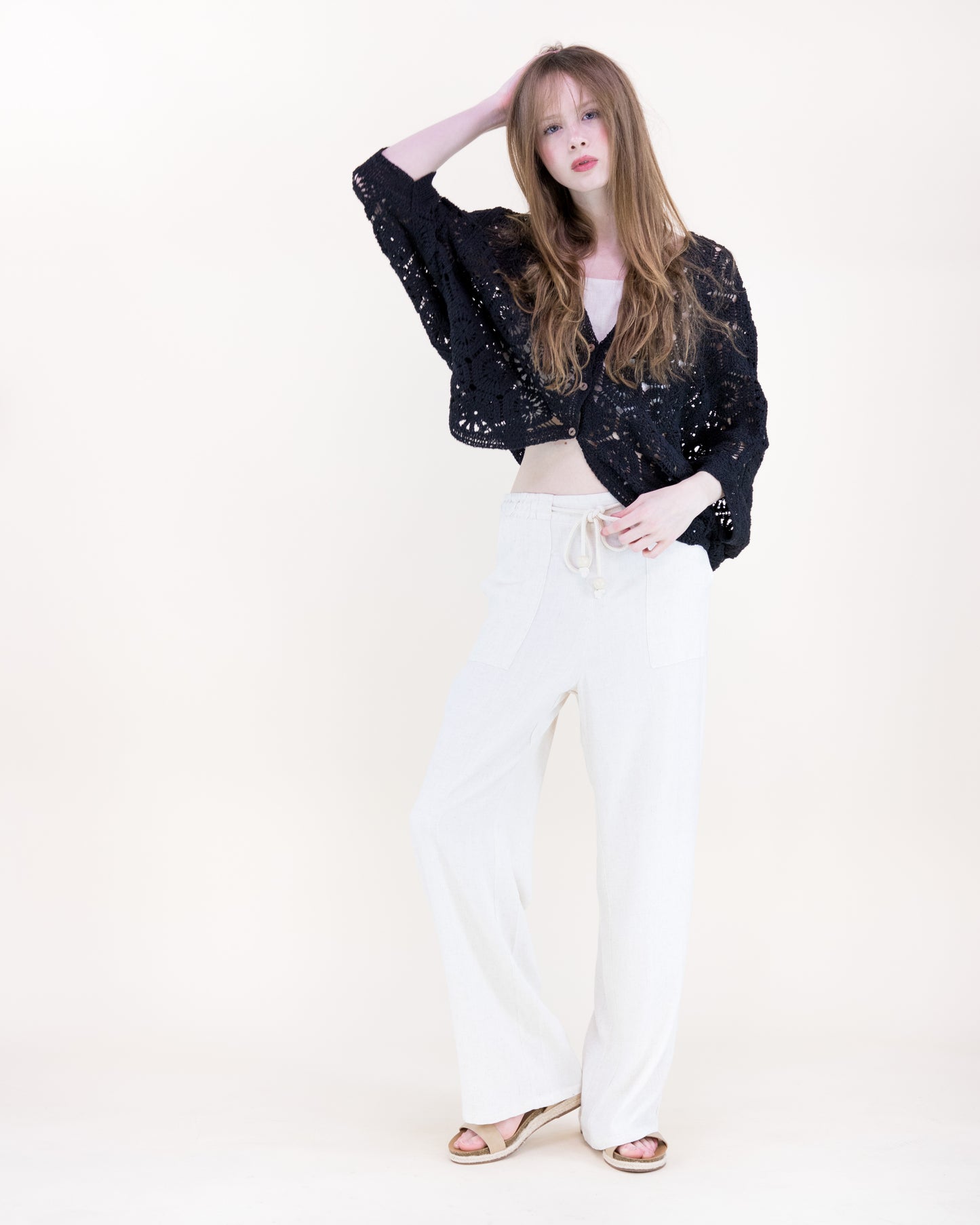 Cotton Coral Stone Crochet Open Front Bat Wing Cardigan