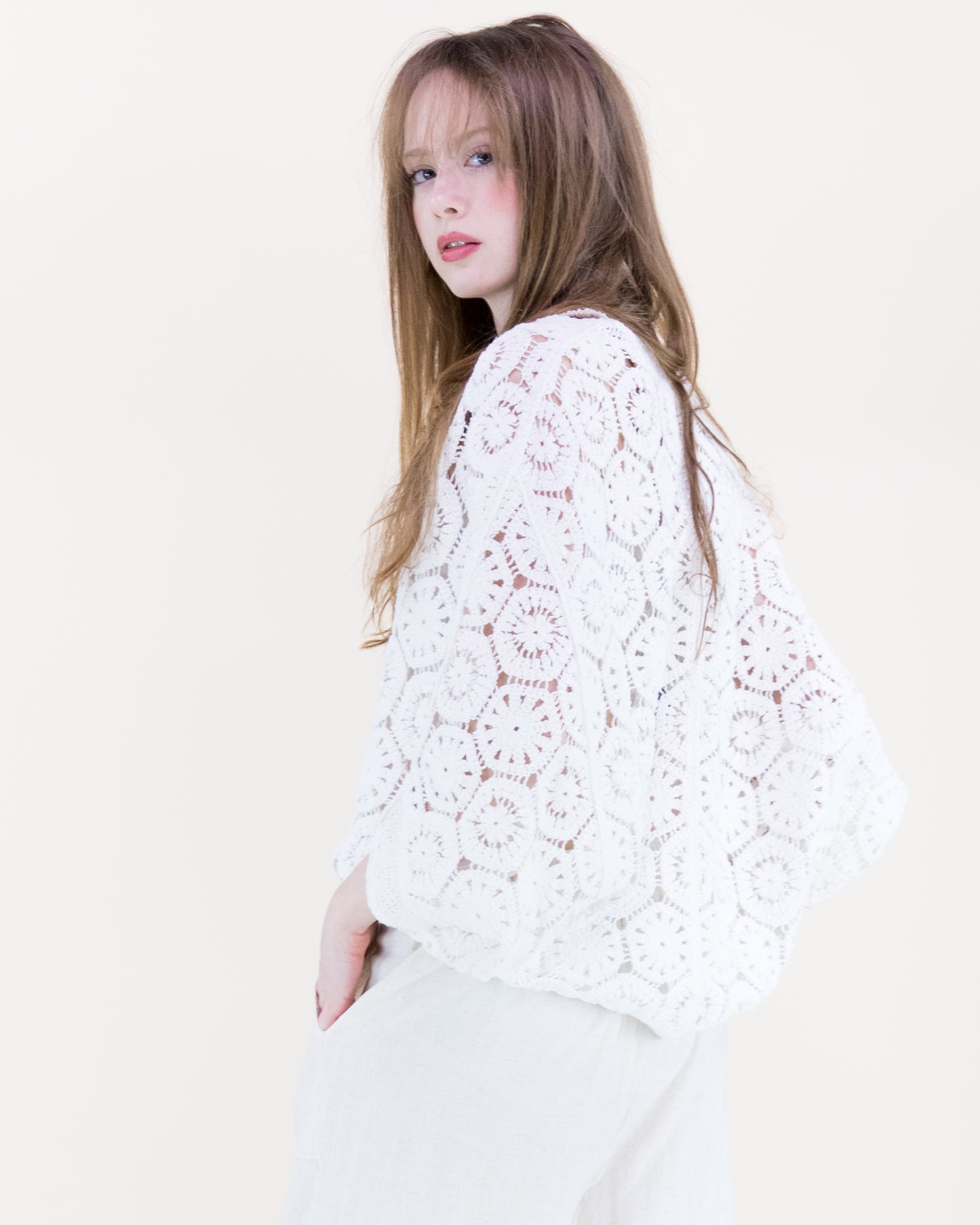 Cotton Coral Stone Crochet Open Front Bat Wing Cardigan