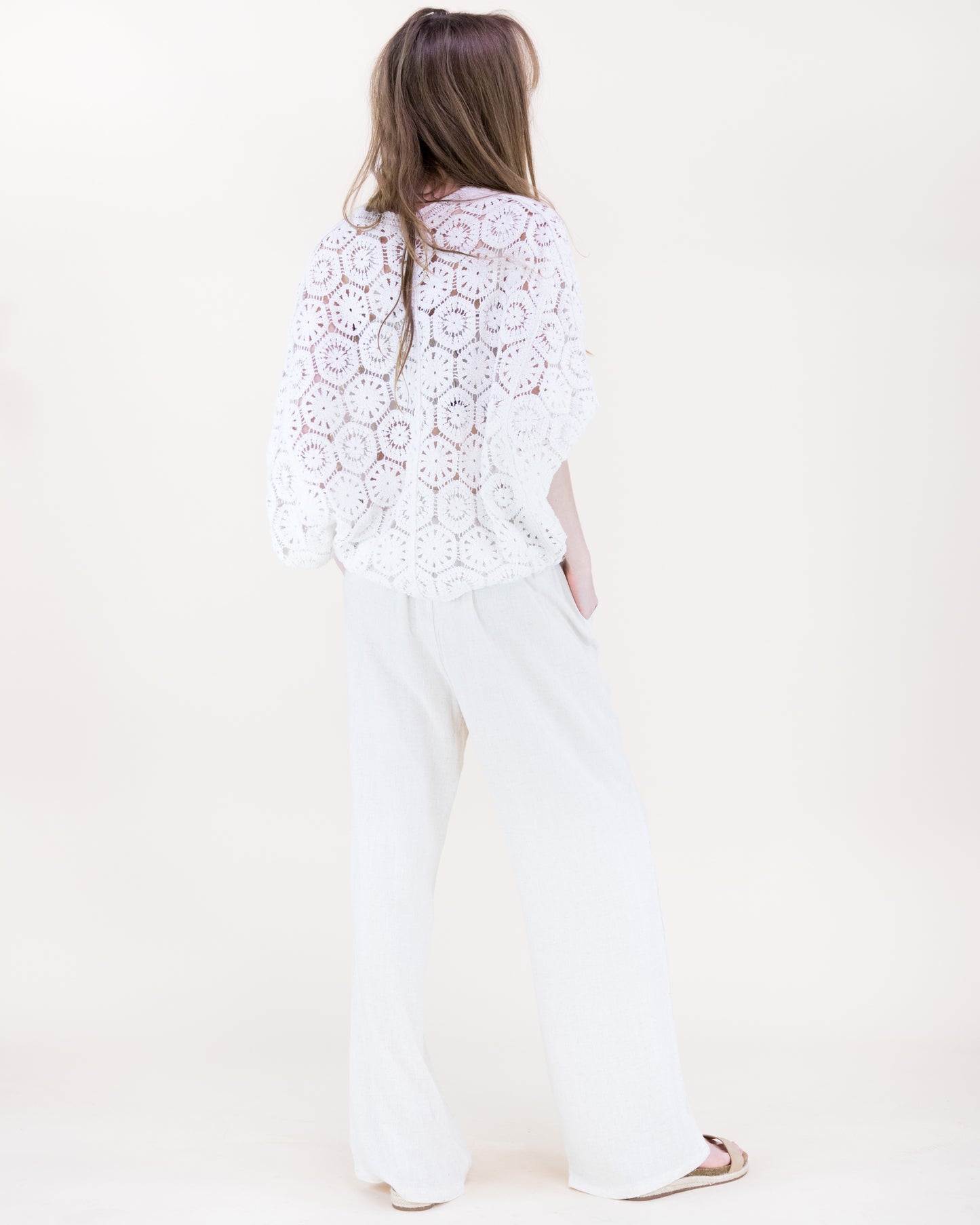 Cotton Coral Stone Crochet Open Front Bat Wing Cardigan