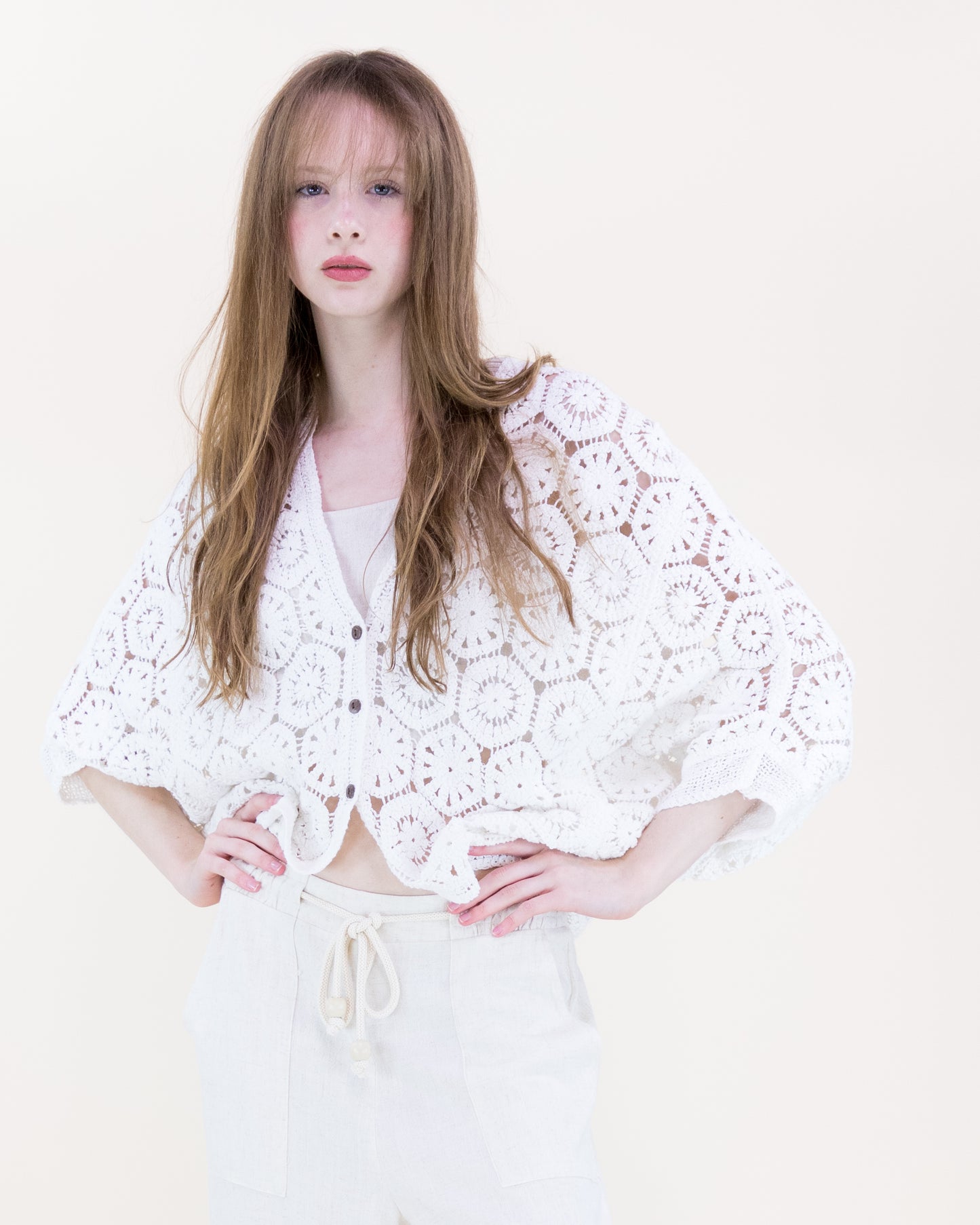 Cotton Coral Stone Crochet Open Front Bat Wing Cardigan