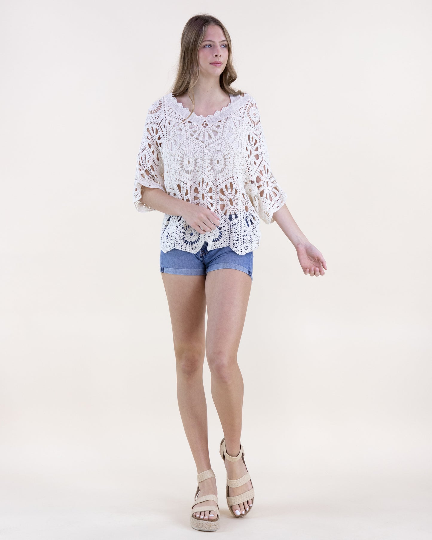 Coral Stone Cotton Crochet Lace Bat Wing Sweater