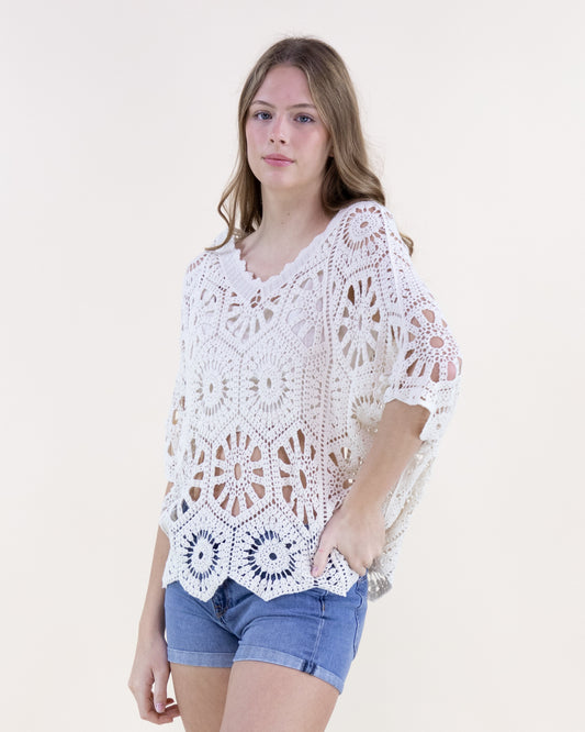 Coral Stone Cotton Crochet Lace Bat Wing Sweater