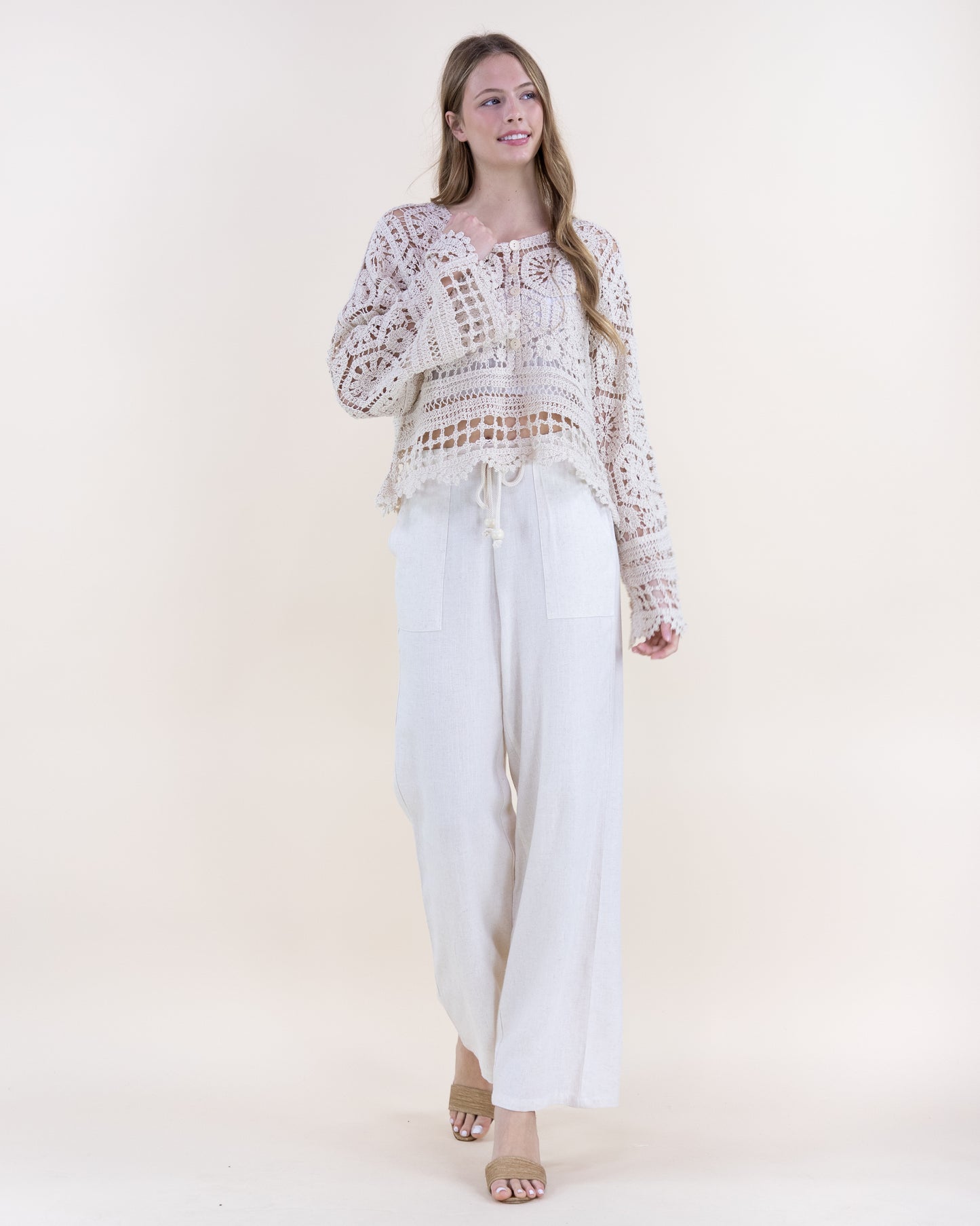 Floral Hexagons Button Front Scalloped Hem Crochet Lace Sweater