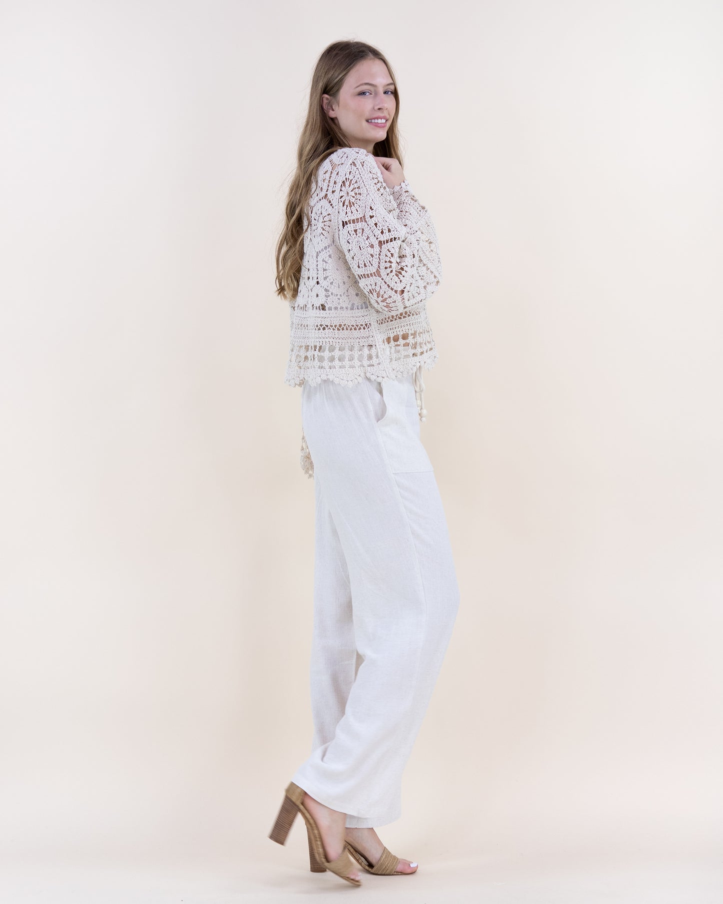 Floral Hexagons Button Front Scalloped Hem Crochet Lace Sweater