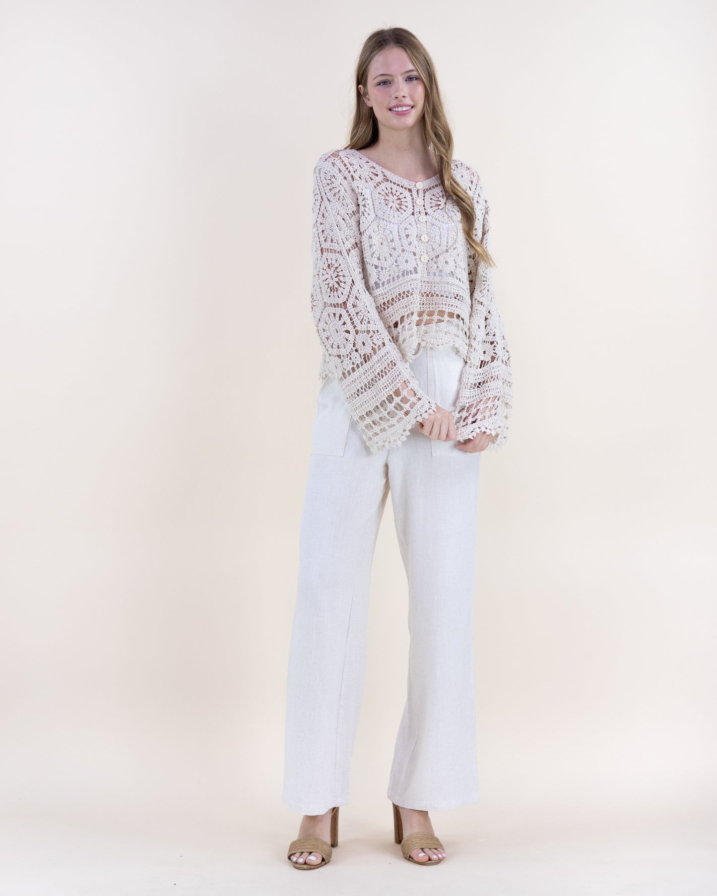 Floral Hexagons Button Front Scalloped Hem Crochet Lace Sweater