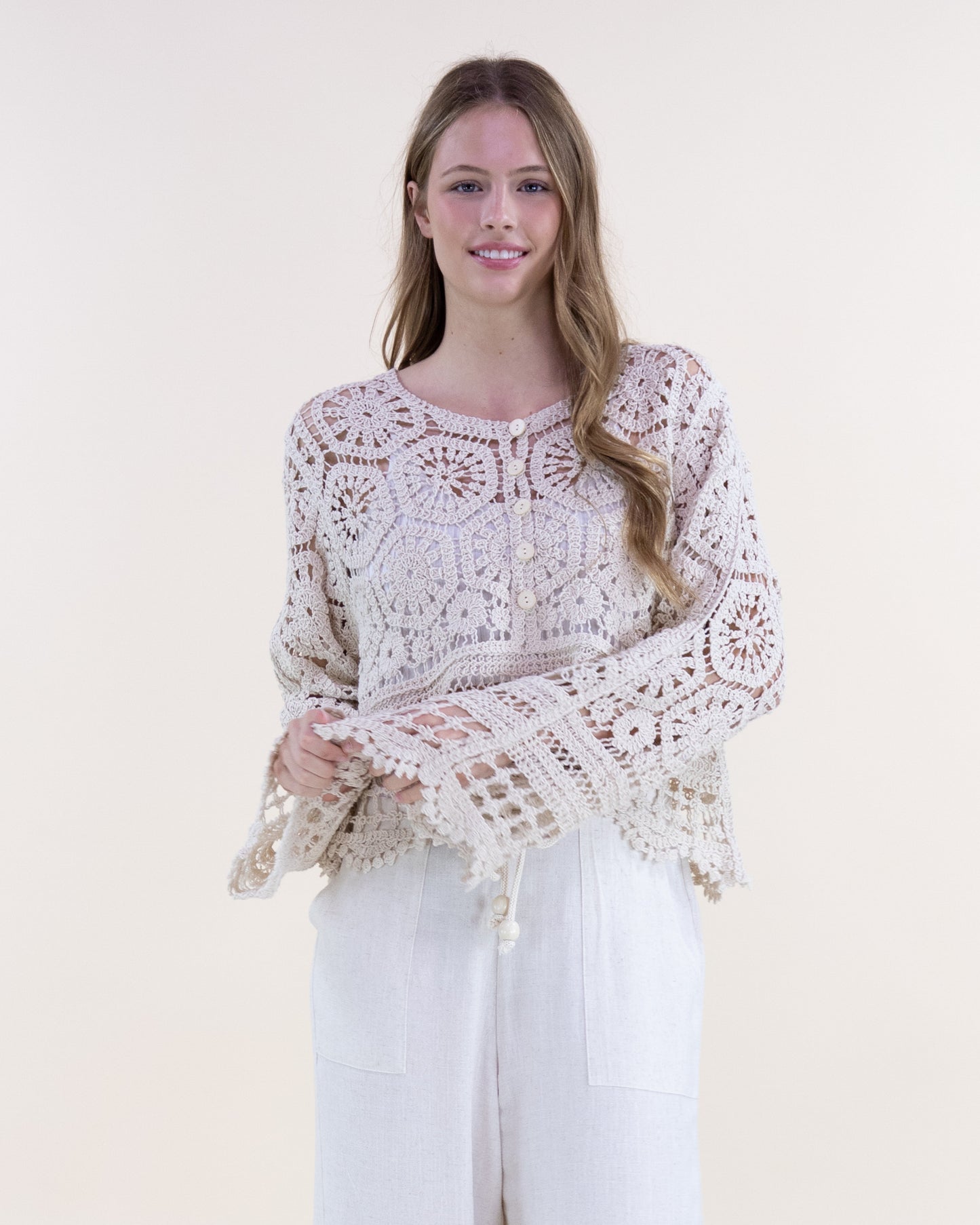 Floral Hexagons Button Front Scalloped Hem Crochet Lace Sweater