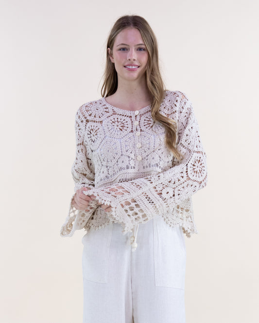 Floral Hexagons Button Front Scalloped Hem Crochet Lace Sweater