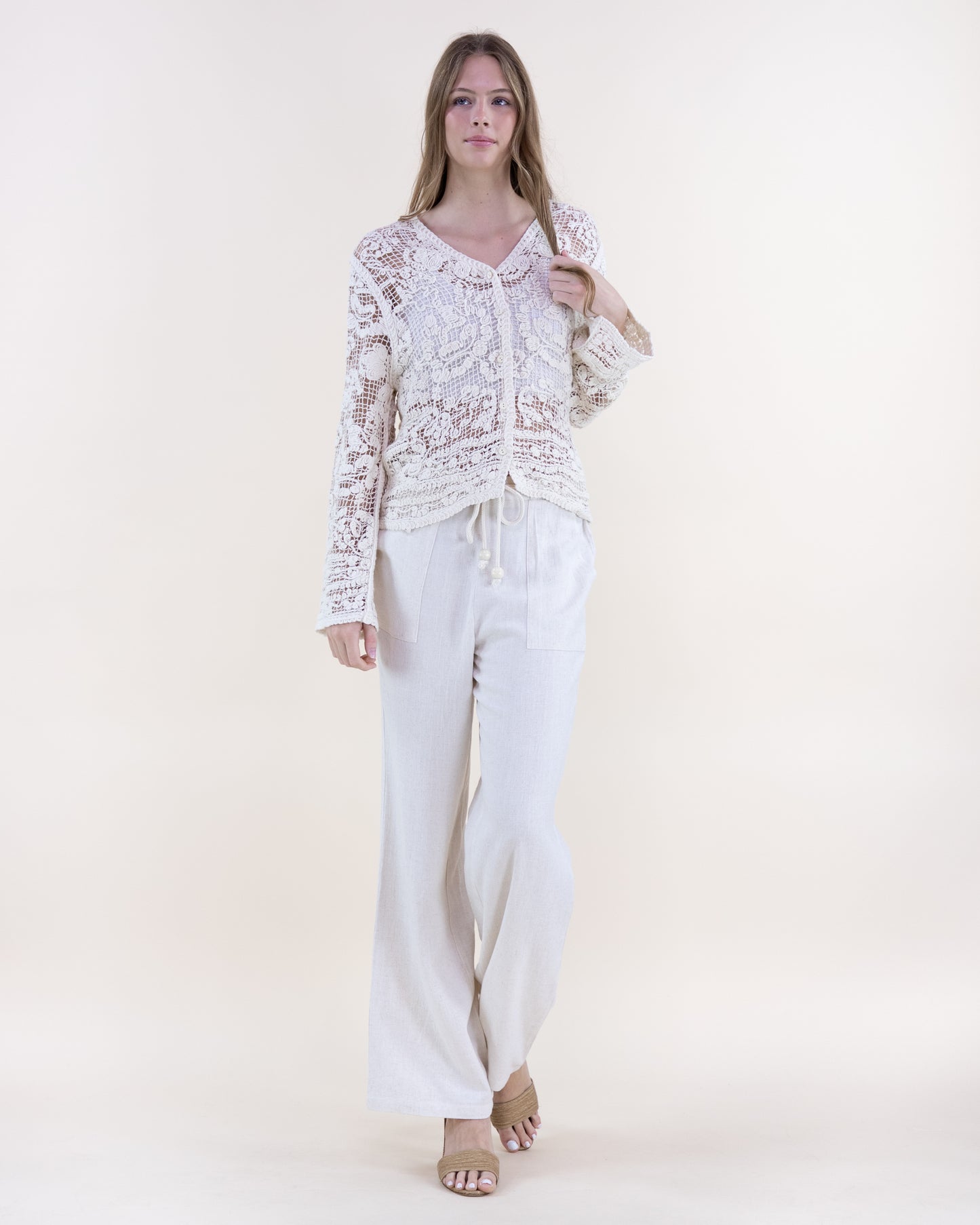 Floral Cotton Crochet Lace V-Neck Button Up Shirt