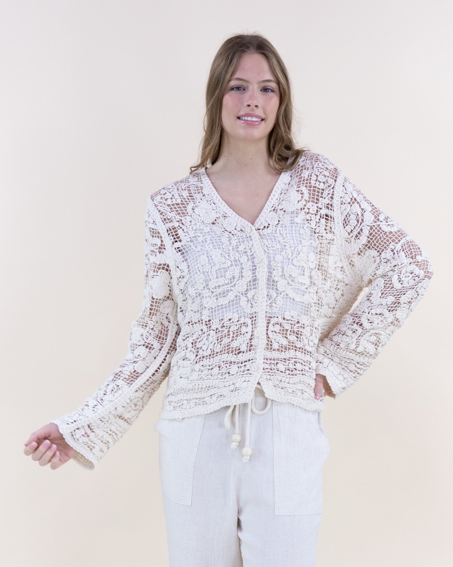 Floral Cotton Crochet Lace V-Neck Button Up Shirt