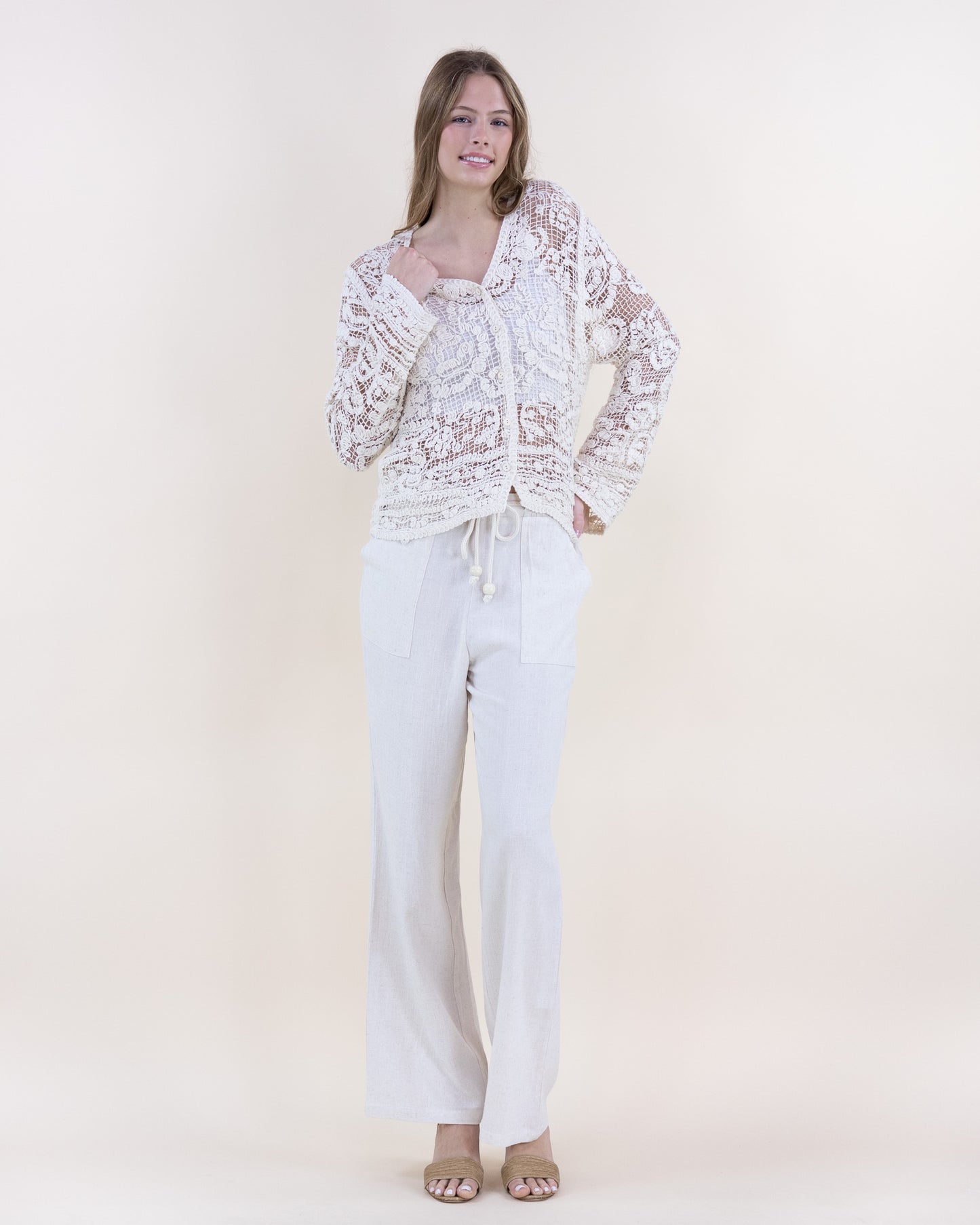 Floral Cotton Crochet Lace V-Neck Button Up Shirt