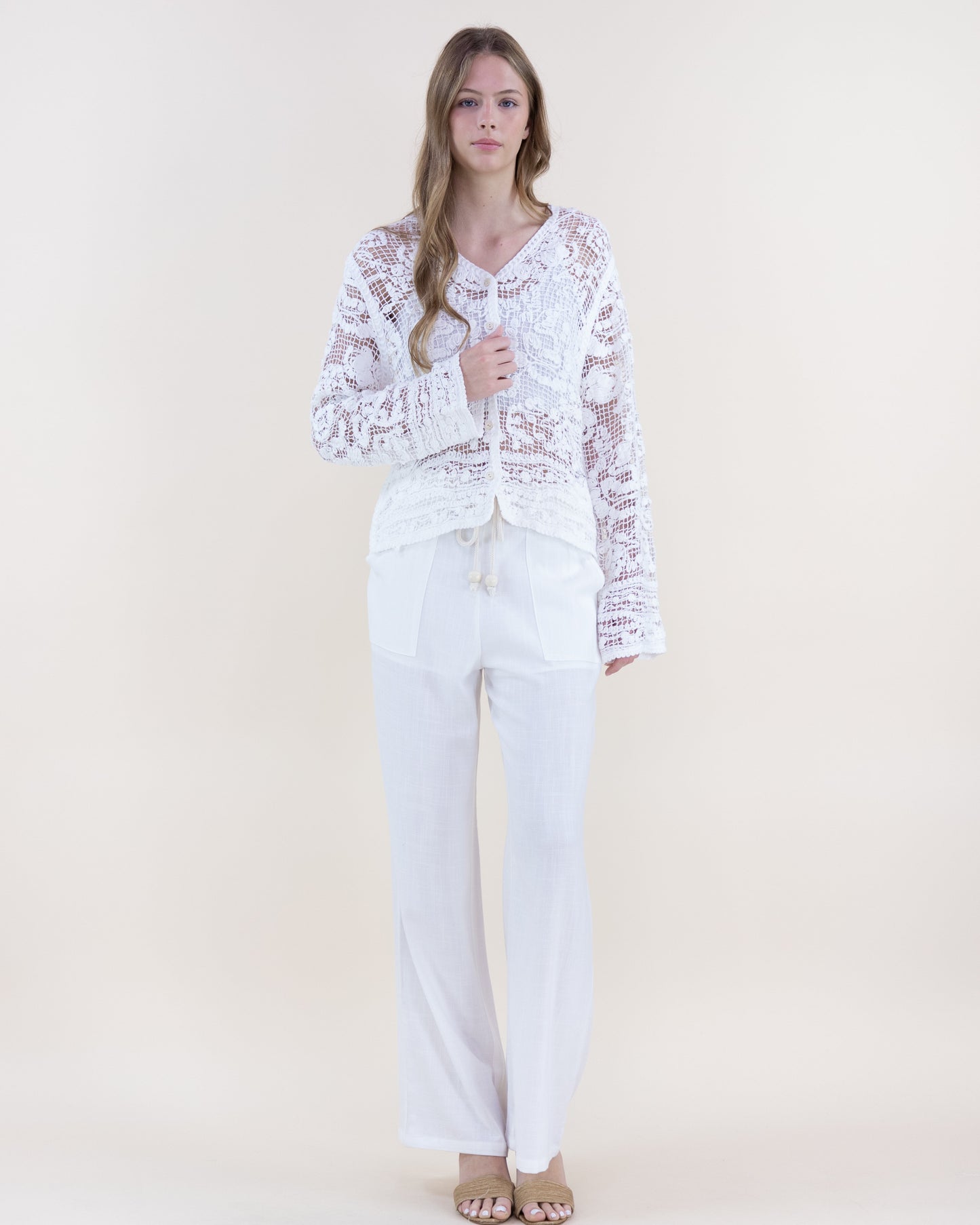 Floral Cotton Crochet Lace V-Neck Button Up Shirt