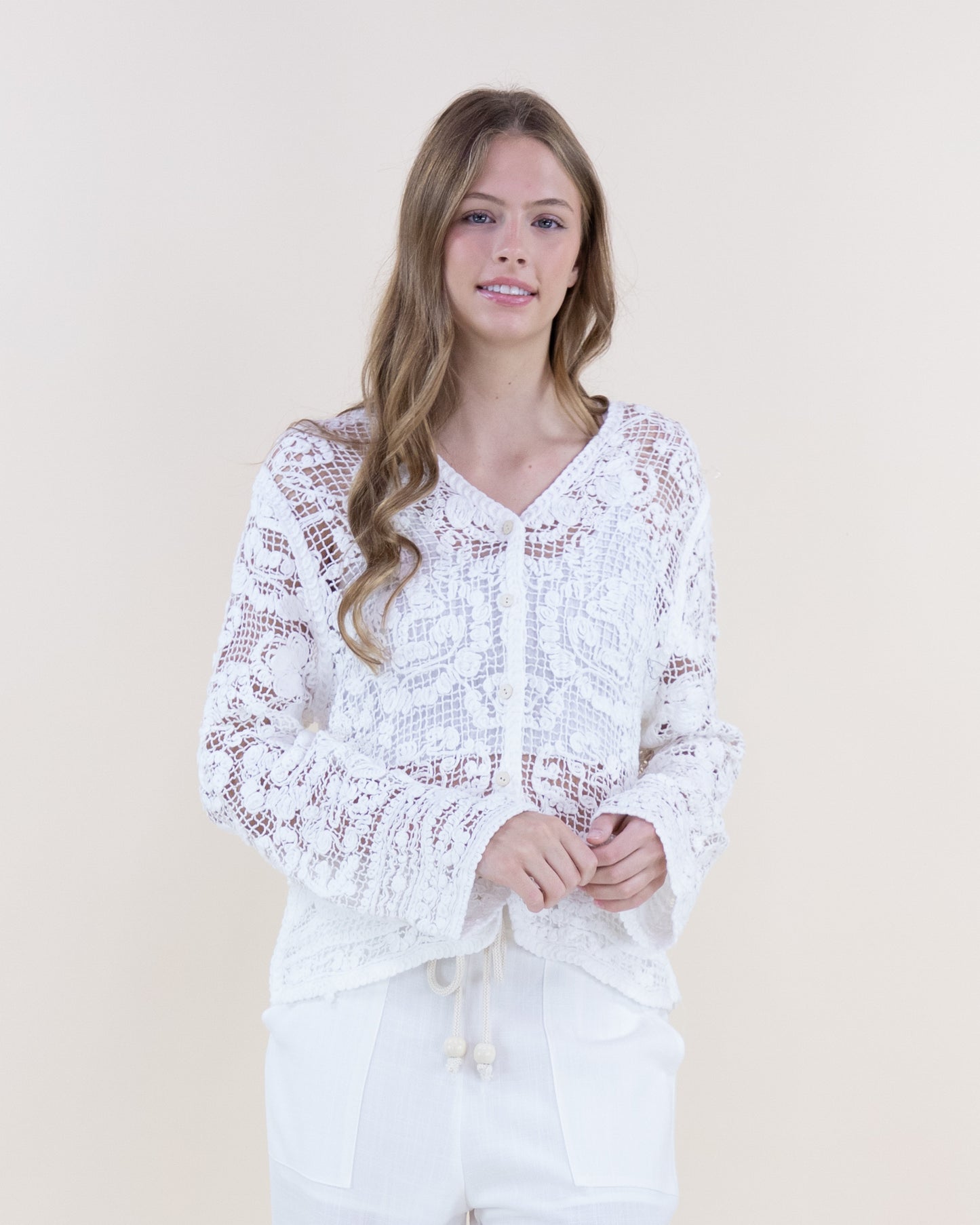 Floral Cotton Crochet Lace V-Neck Button Up Shirt