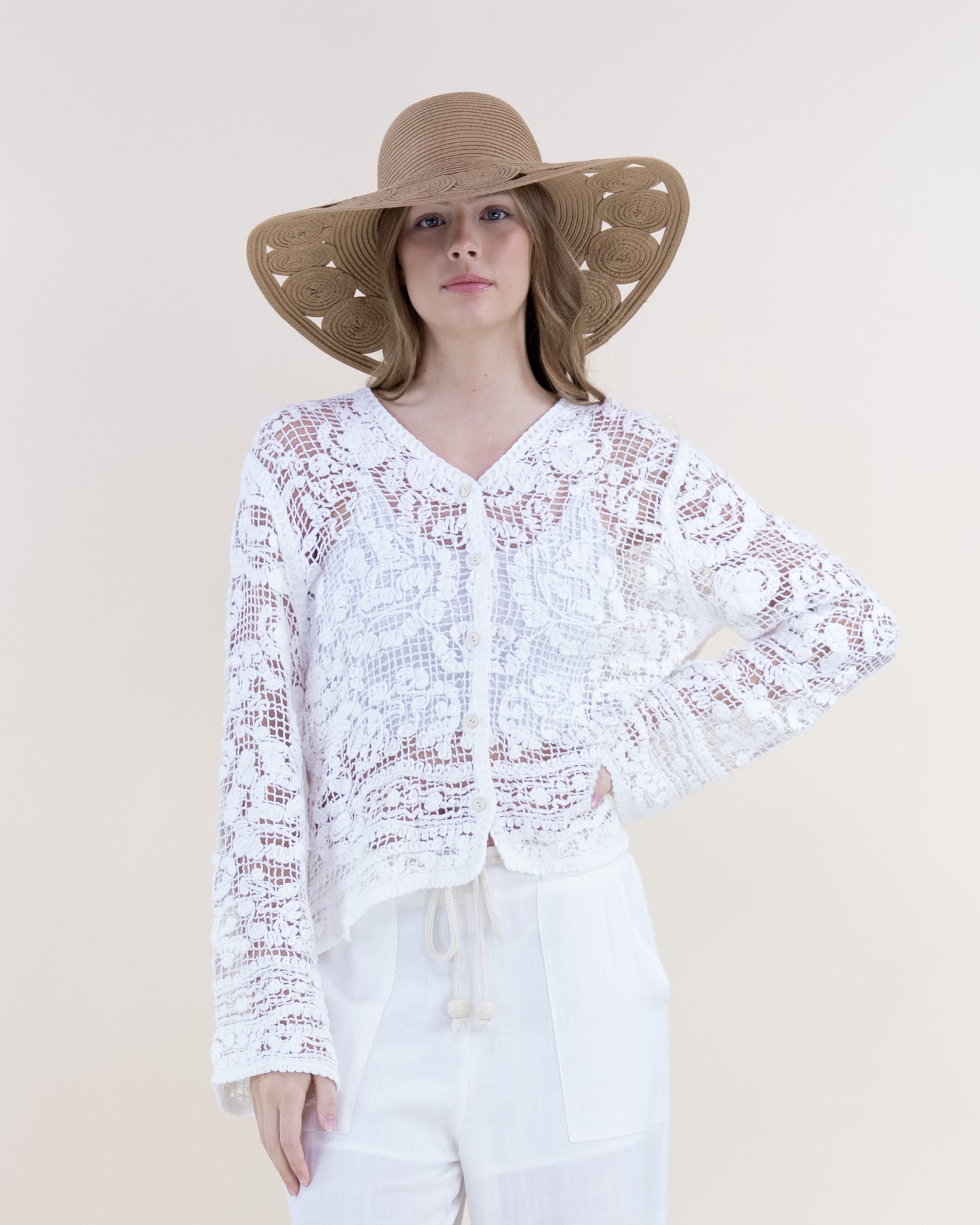 Floral Cotton Crochet Lace V-Neck Button Up Shirt