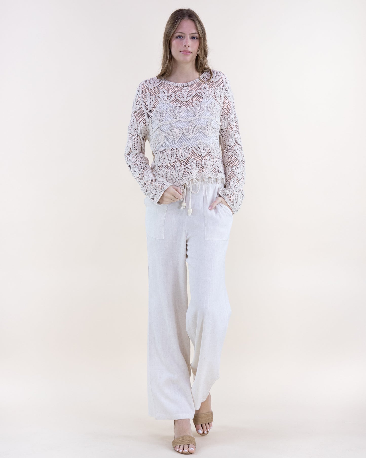 Blooming Cotton Crochet Crew Neck Blouse w/ Fringed Hem