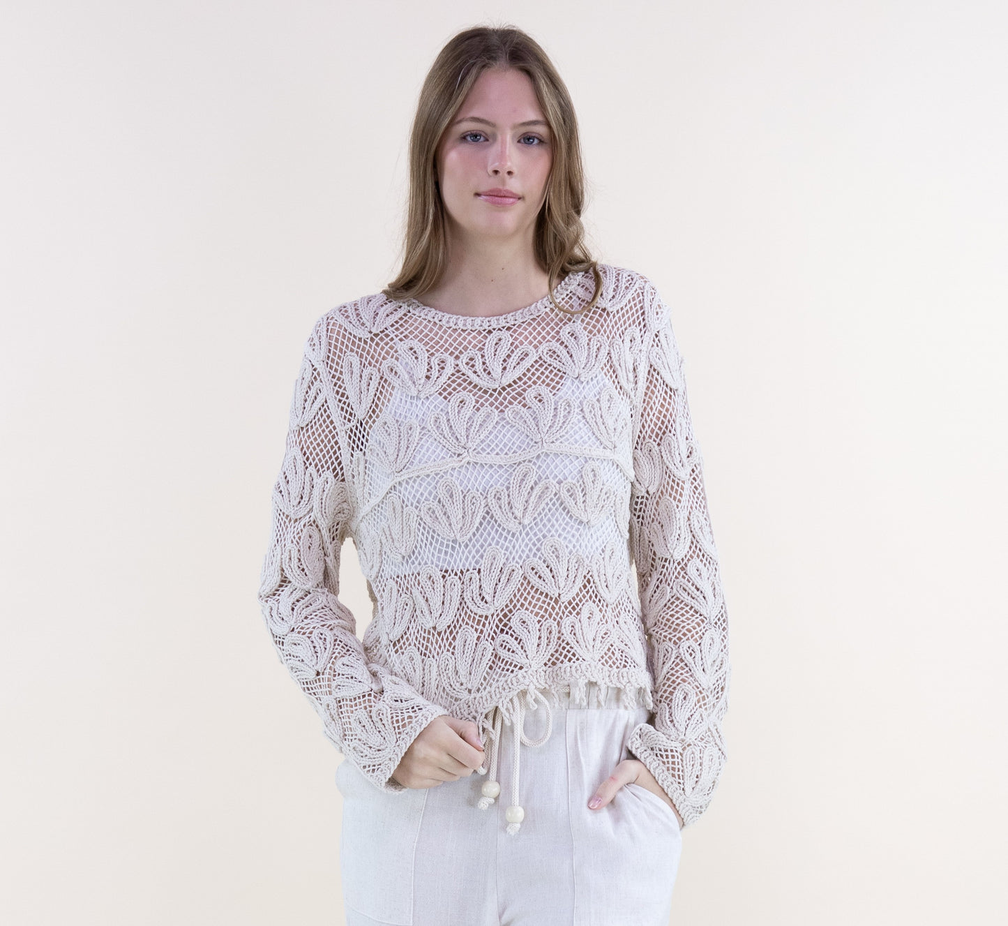 Blooming Cotton Crochet Crew Neck Blouse w/ Fringed Hem