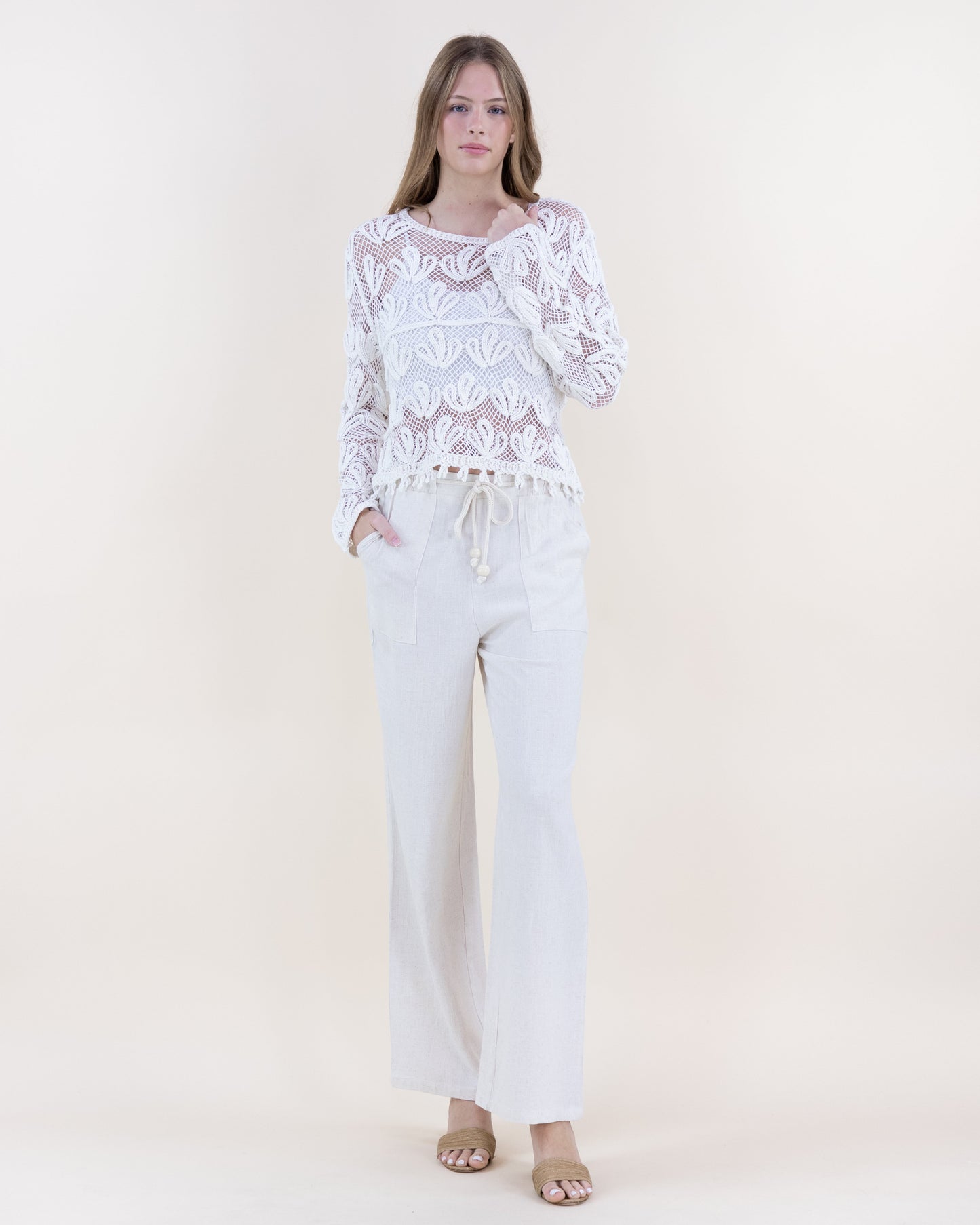 Blooming Cotton Crochet Crew Neck Blouse w/ Fringed Hem