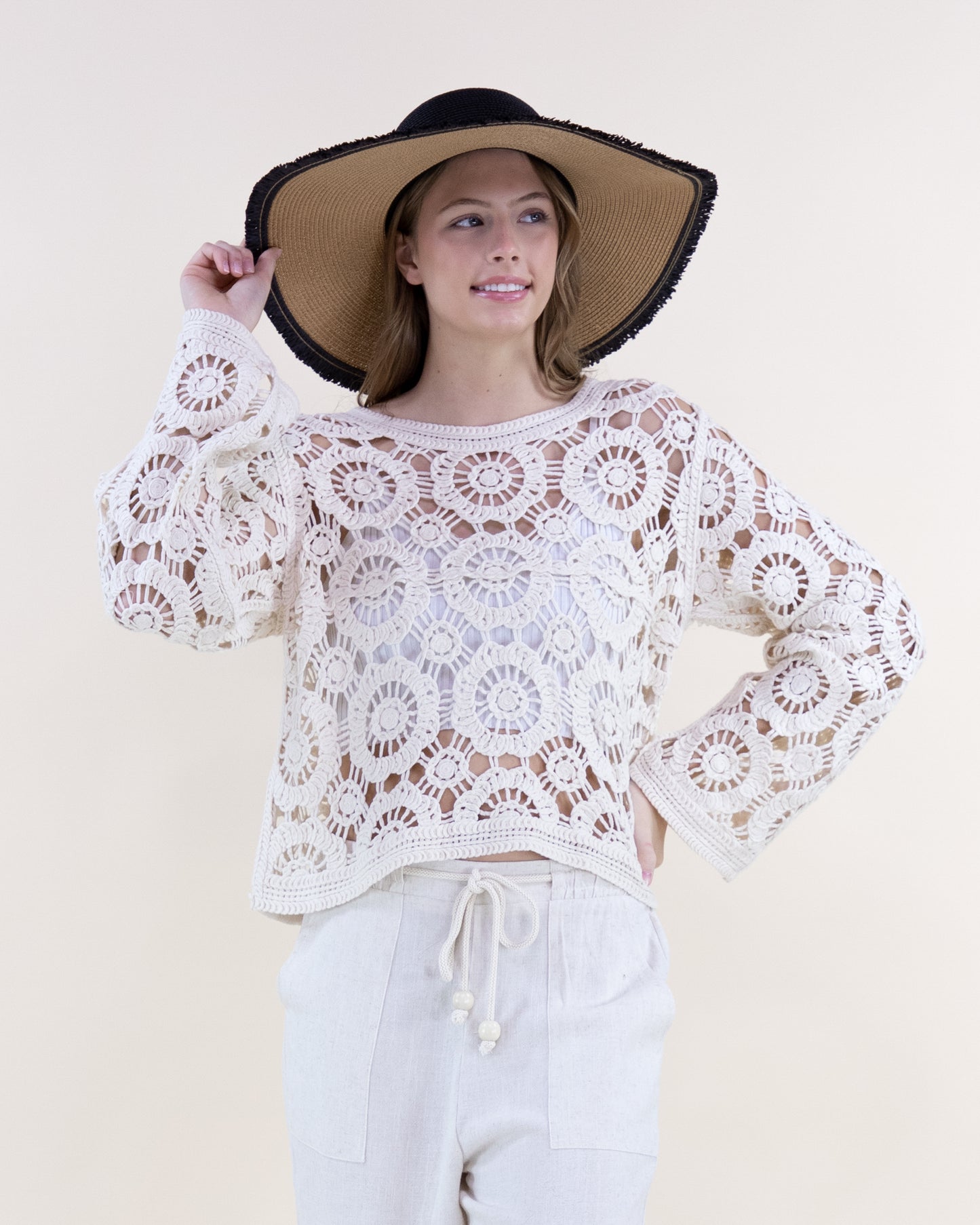 Flower Wheel Doily Cotton Crochet Scoop Neck Blouse