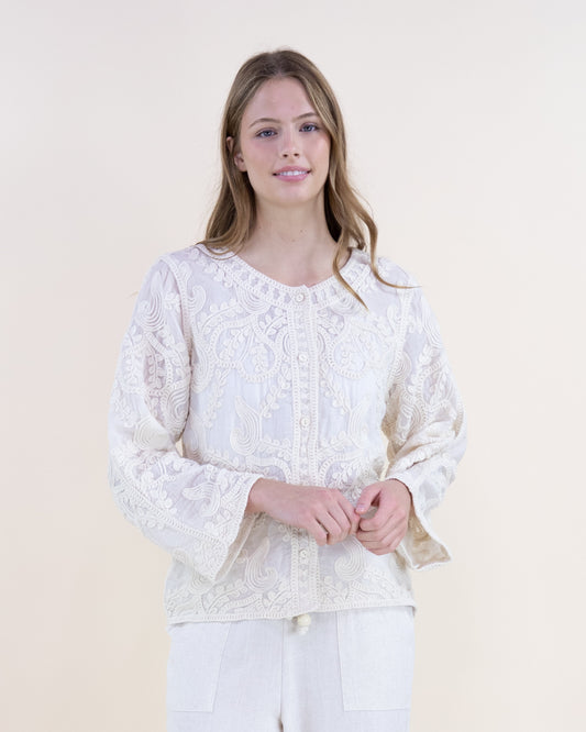 Whimsical Embroidered Cotton Crew Neck Button Up Shirt