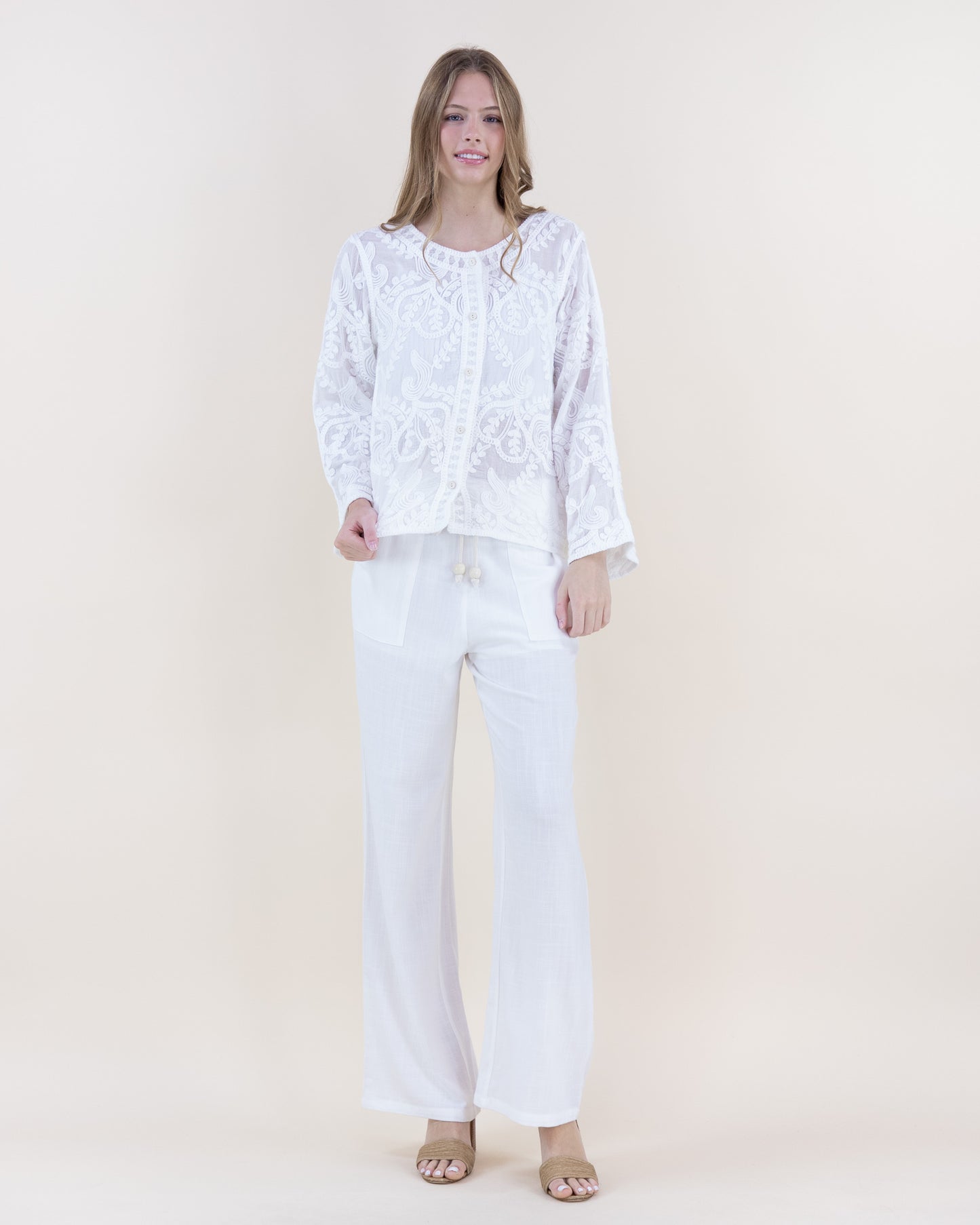 Whimsical Embroidered Cotton Crew Neck Button Up Shirt
