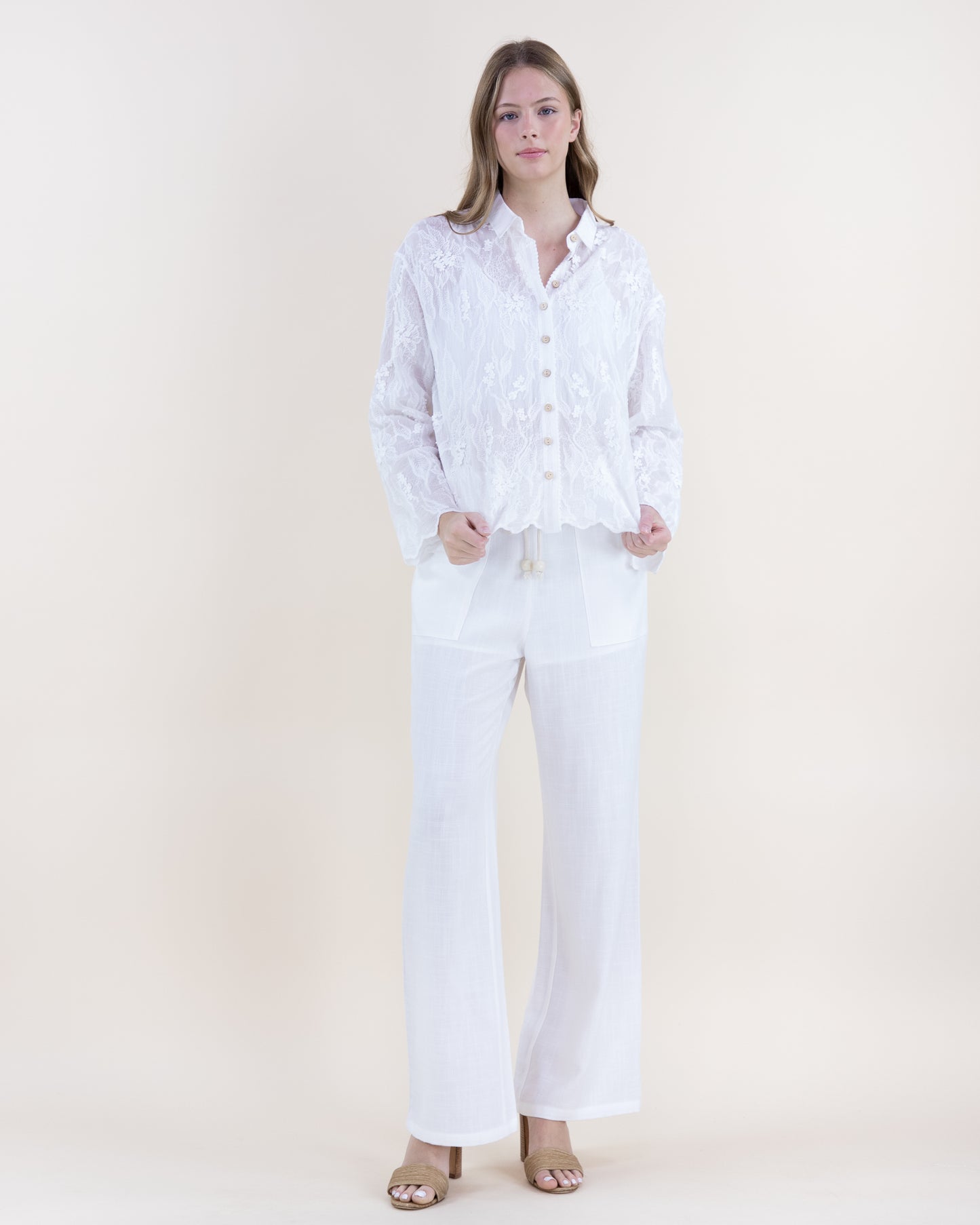 Queen of Lace Cotton Scalloped Hem Button Up Collared Shirt