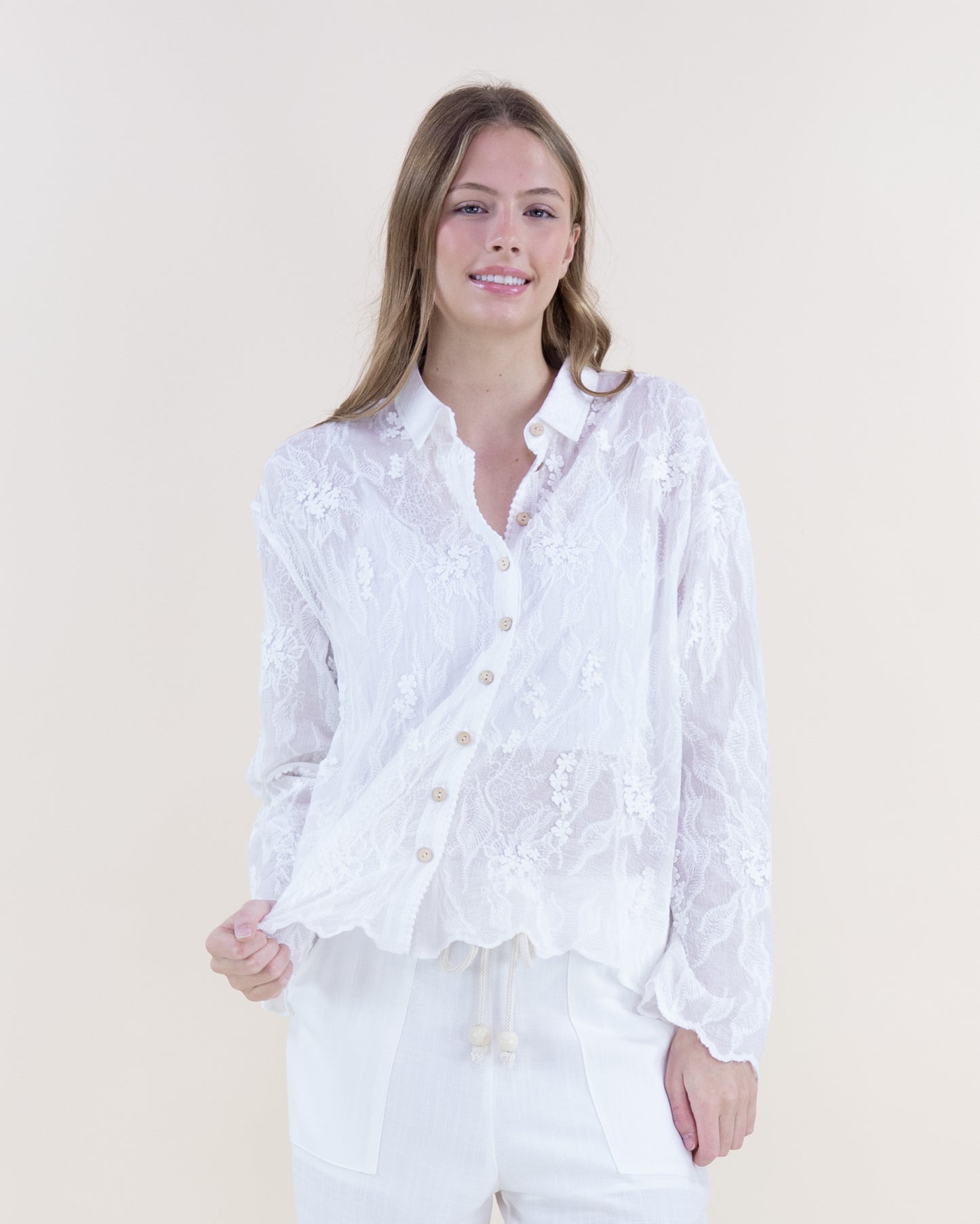 Queen of Lace Cotton Scalloped Hem Button Up Collared Shirt